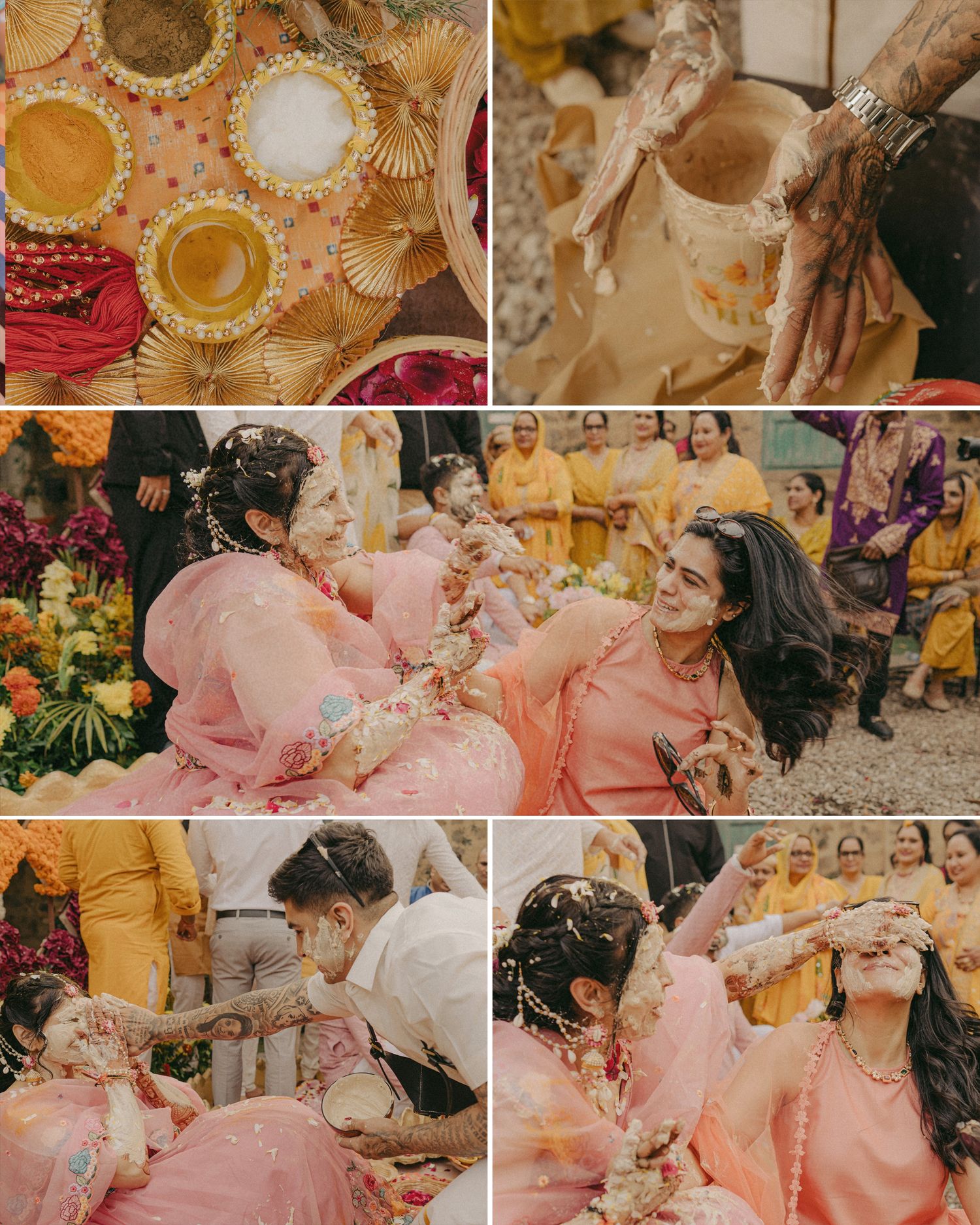 Bride in pink lehenga laughing during fun haldi ceremony with family applying turmeric paste outdoors.