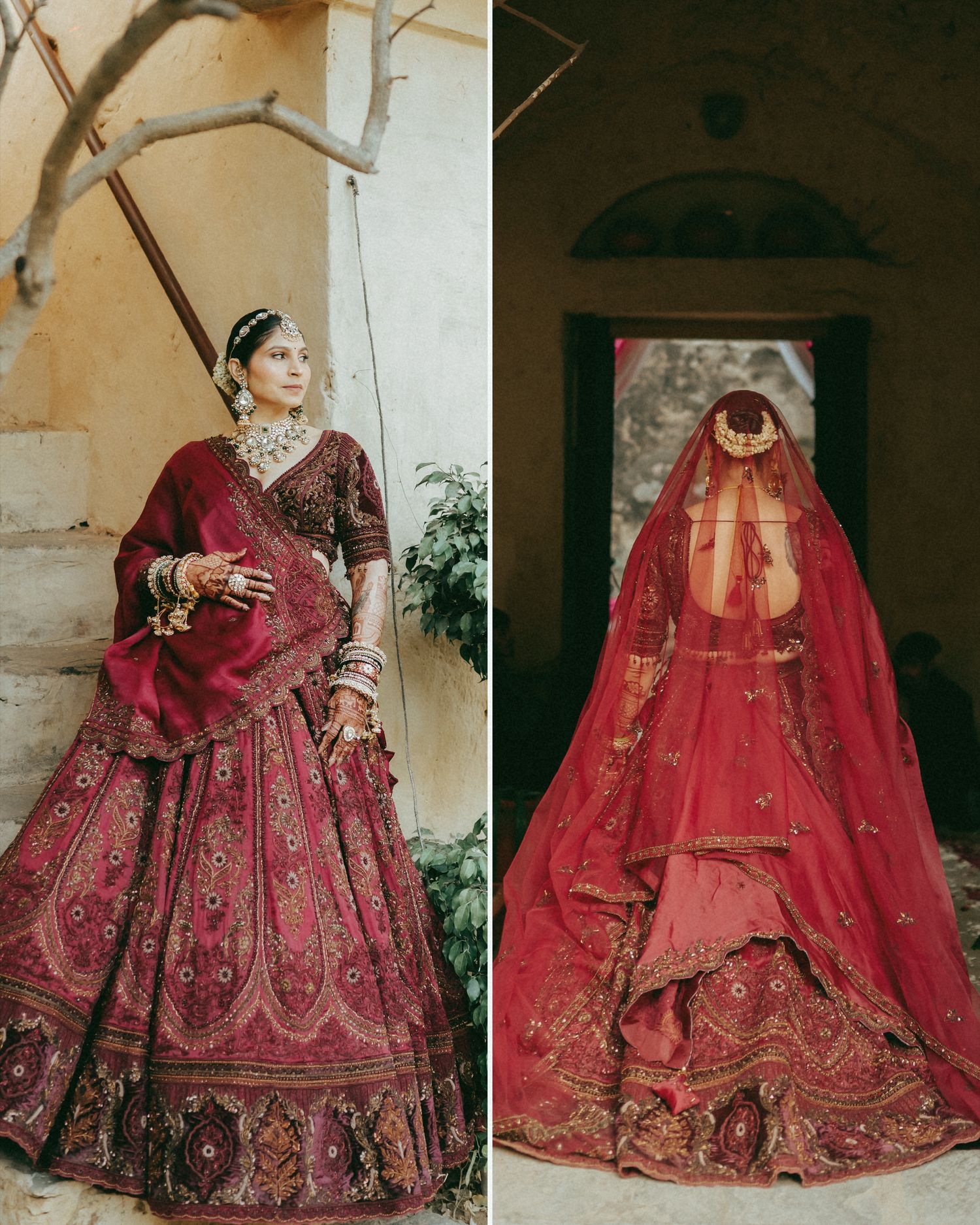 Bride in ornate deep red bridal lehenga with gold embroidery, shown from front and back with dupatta veil.
