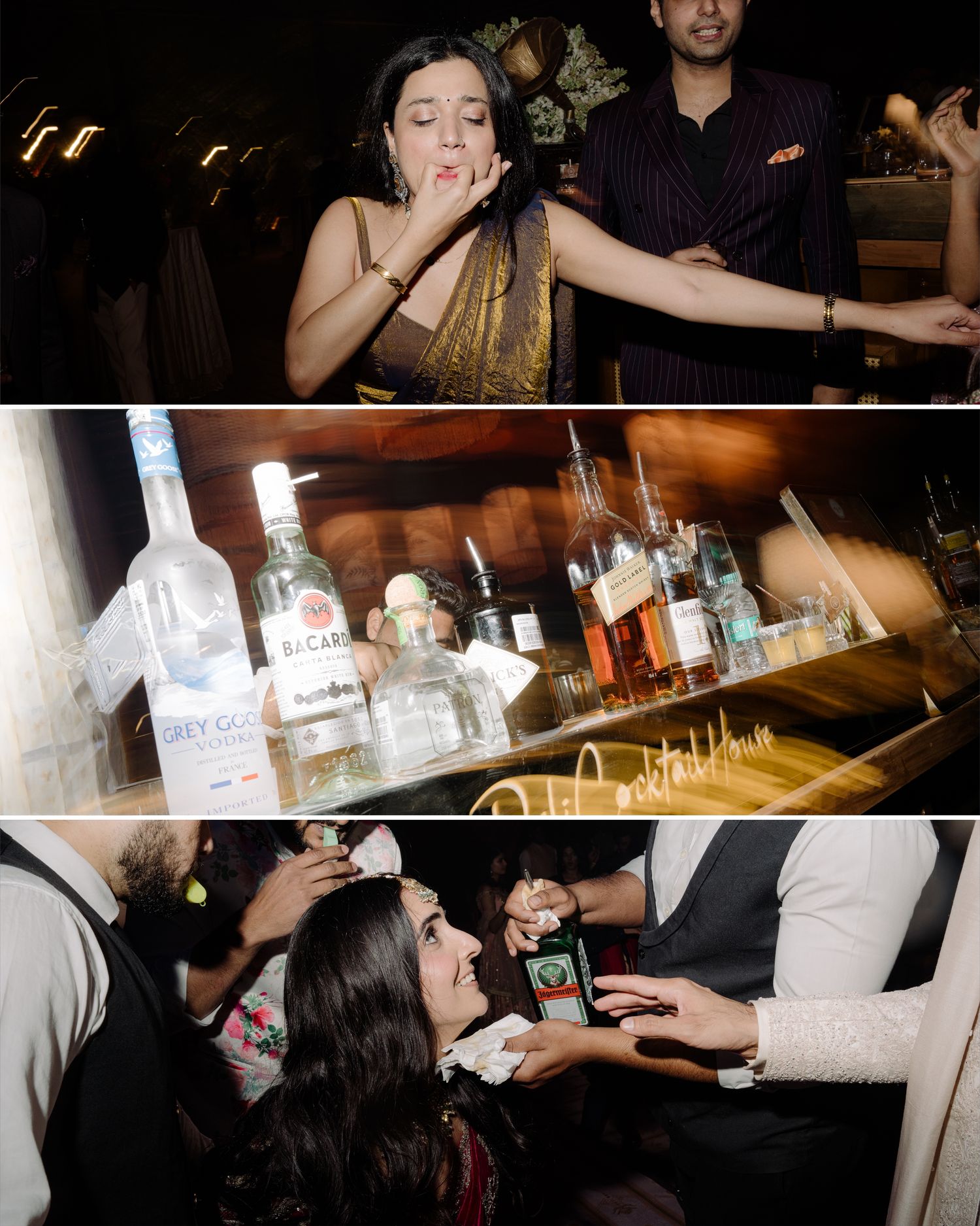 Three-panel collage of a lively party scene featuring guests celebrating at a bar with bottles and cocktails.