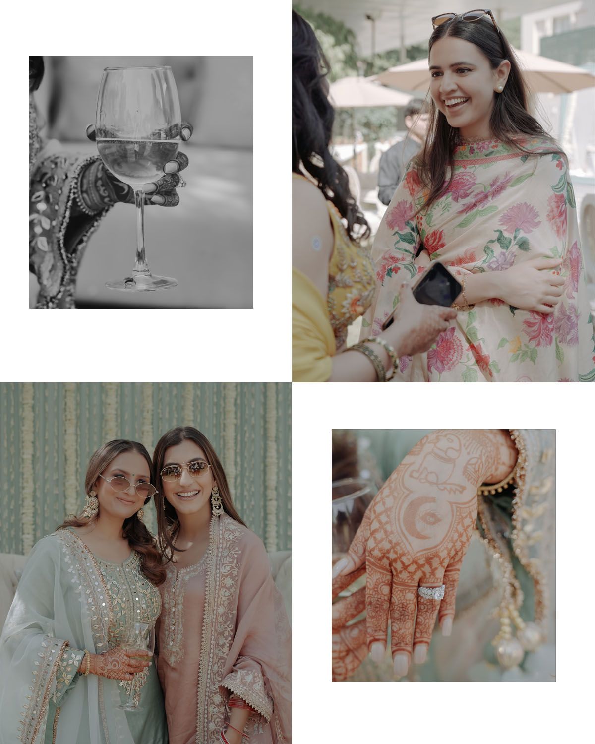 Collage of celebration moments including henna designs, traditional outfits, and champagne glass.