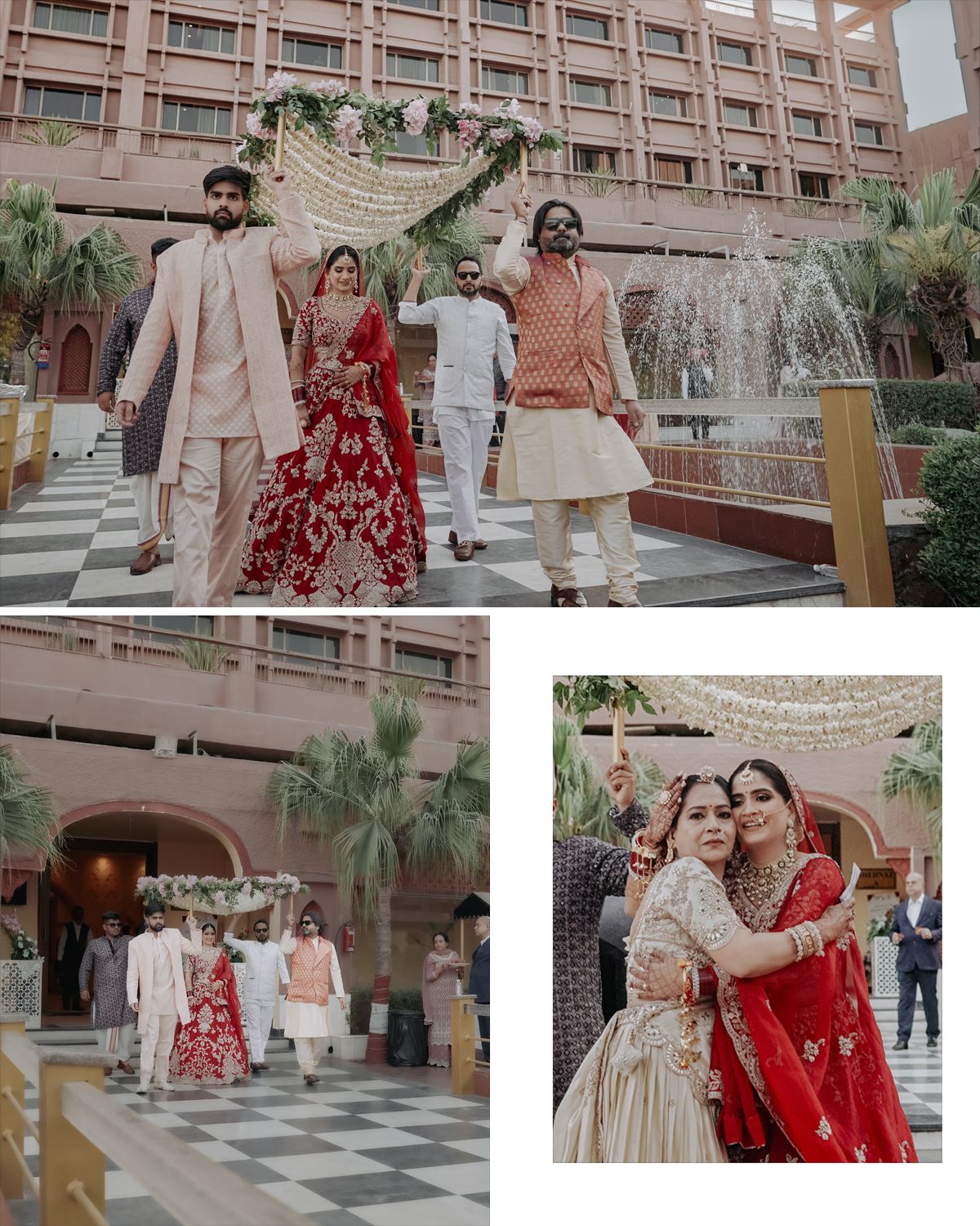 Wedding celebration at resort hotel with fountain and palm trees featuring traditional Indian attire and decor.
