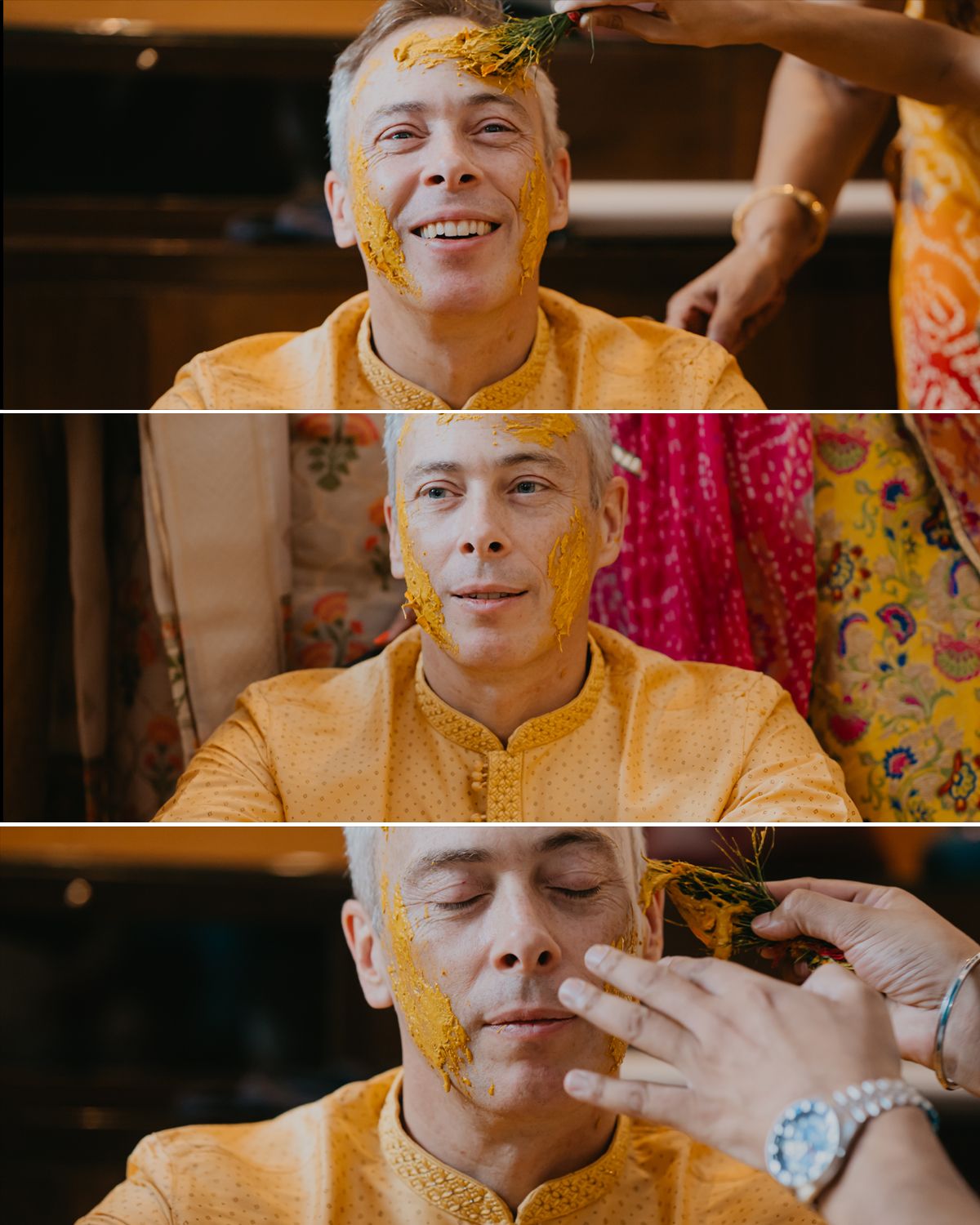 Three-photo sequence showing turmeric application during traditional Indian wedding ceremony.