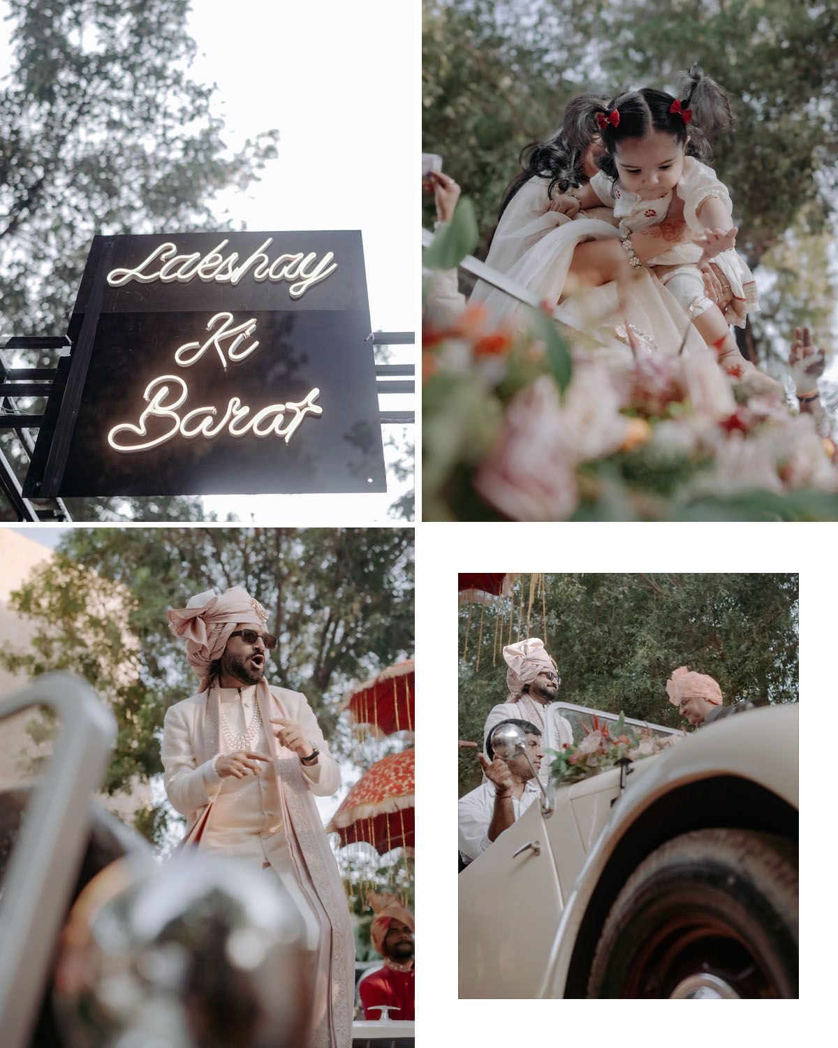 Wedding photo collage featuring neon signage and romantic moments in an outdoor setting.