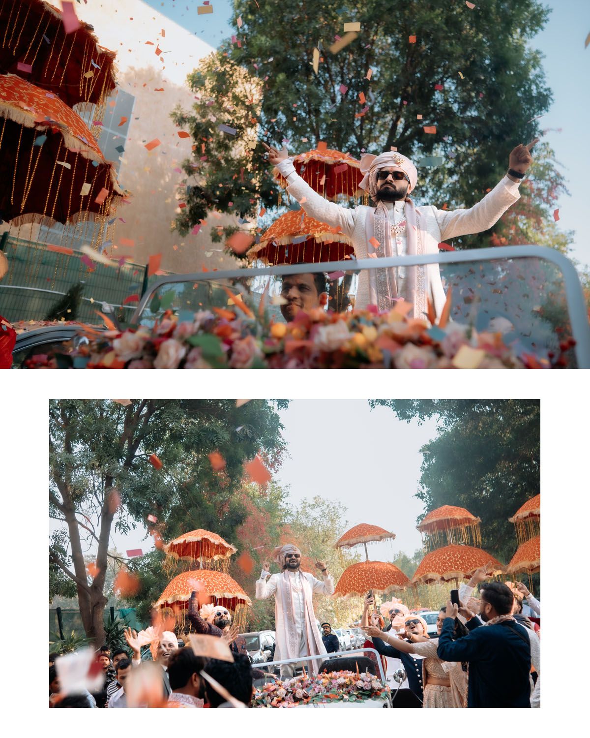 Joyful celebration outdoors with orange petals falling through the air as a figure stands elevated above the festive crowd.