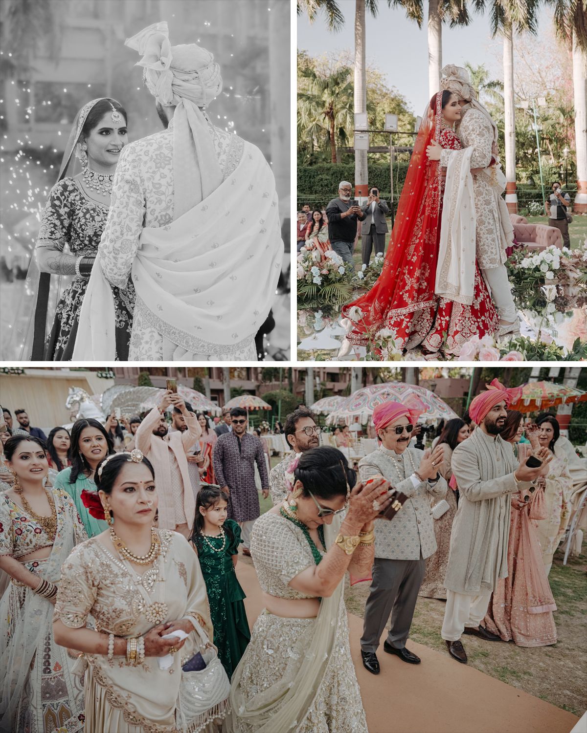 Collection of candid moments from Indian wedding celebration showing guests in traditional formal attire.