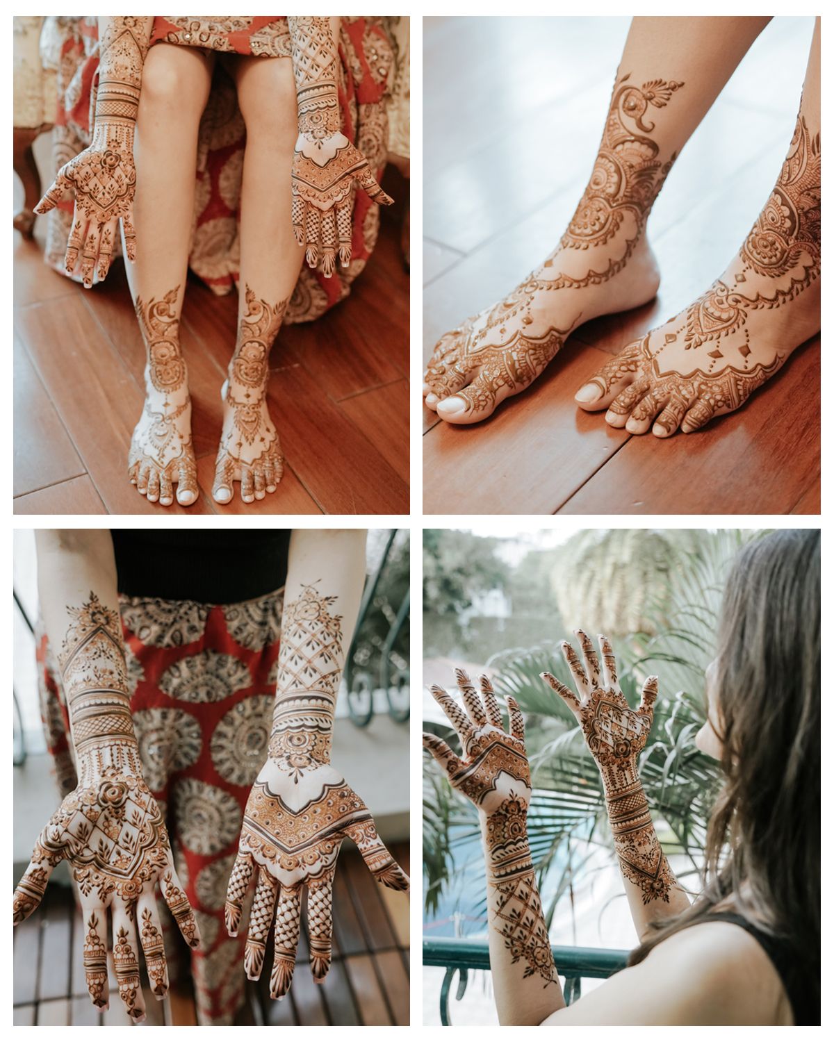 Intricate henna designs displayed on hands and feet in traditional mehndi patterns.