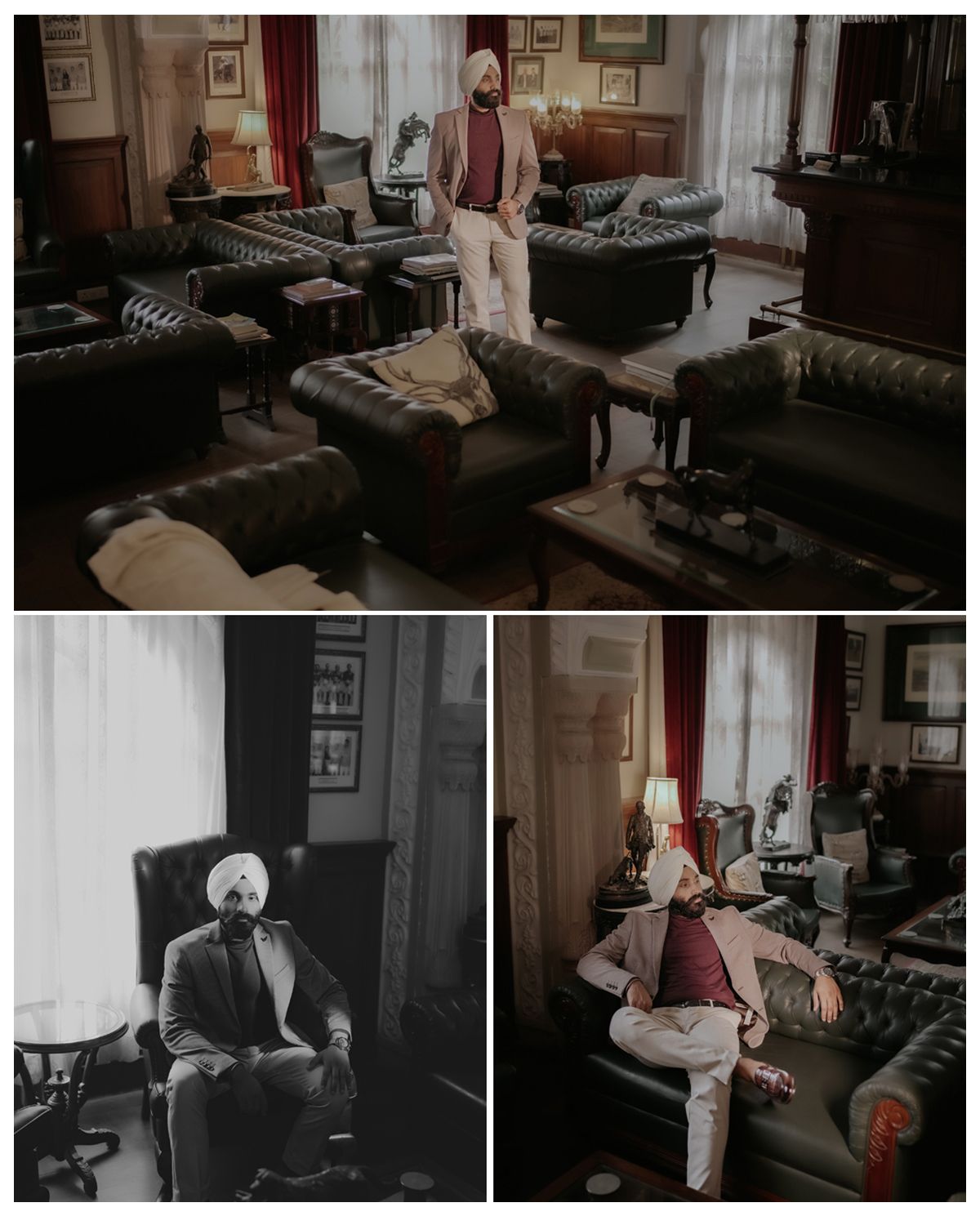 Collage of interior shots showing luxury living room with leather furniture and traditional decor.
