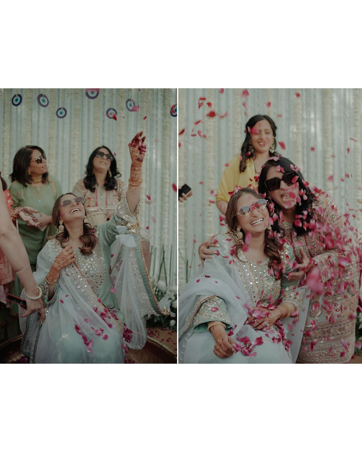 Bride and friends celebrating with rose petal shower in ethereal wedding photo collage.