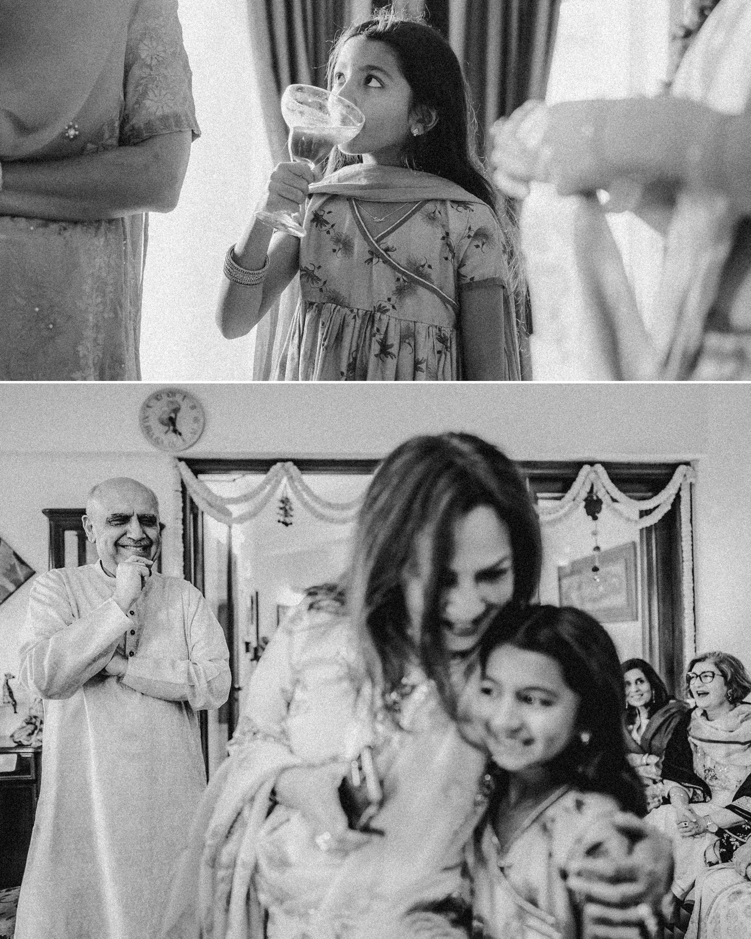 Black and white collage of a young girl drinking from a glass and a woman smiling while holding a child at a family gathering.