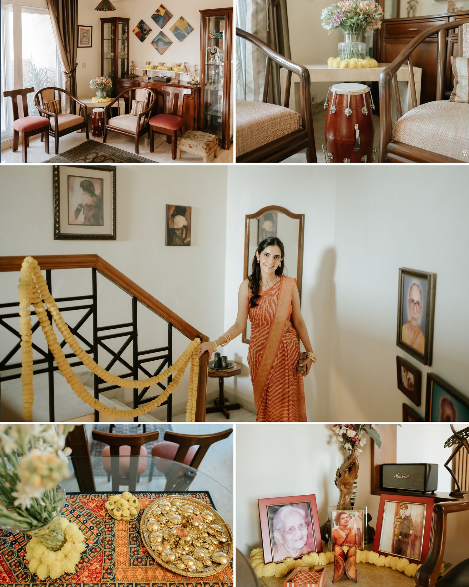 Elegant Indian home interior collage featuring traditional decor, a woman in orange saree, ornate staircase, and festive offerings.