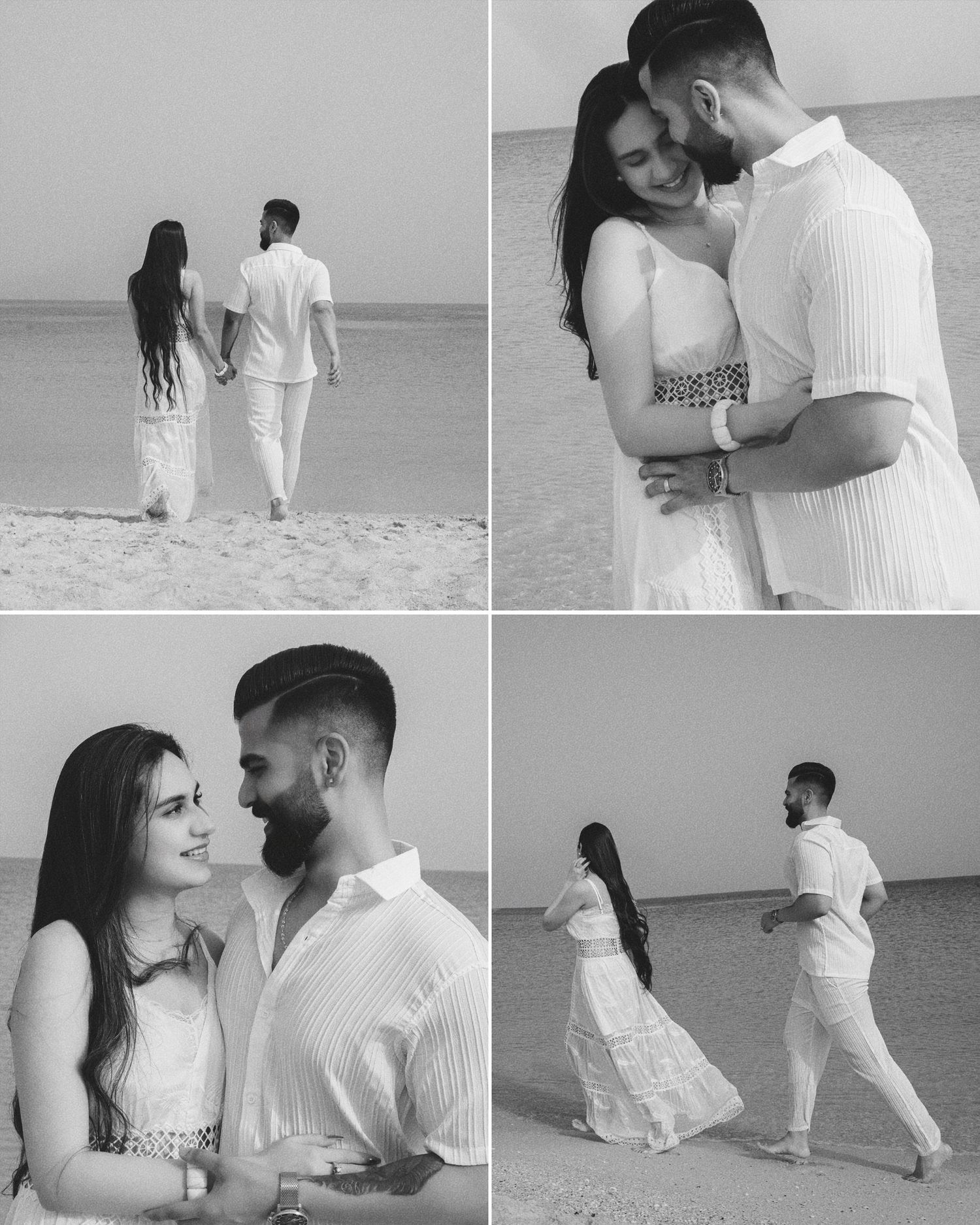 Black and white beach photo collage of a romantic couple in white outfits walking, embracing, and dancing on a sandy shore.