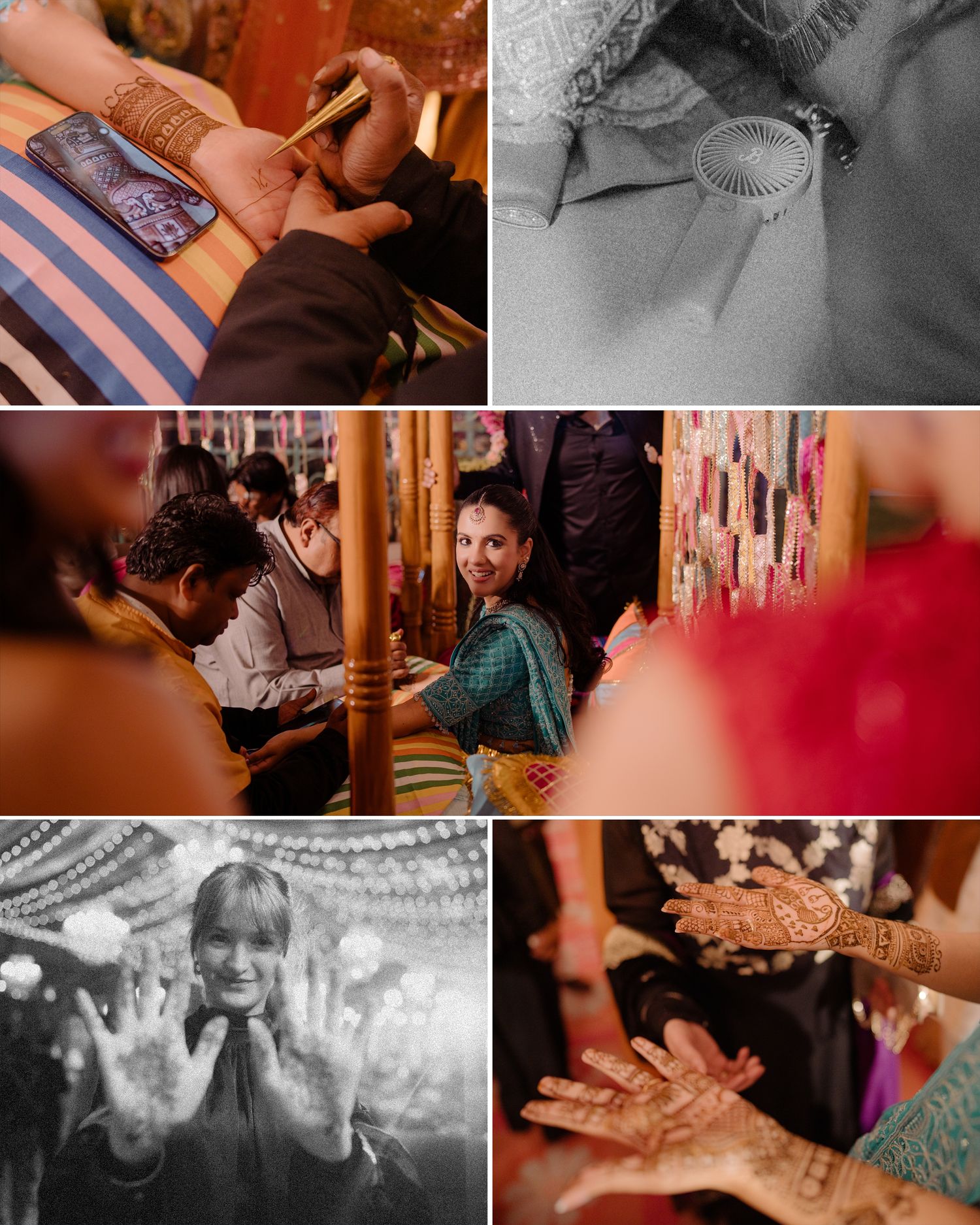 Indian wedding celebration collage featuring mehndi henna application, guests in colorful saris, and joyful bride with decorated hands.