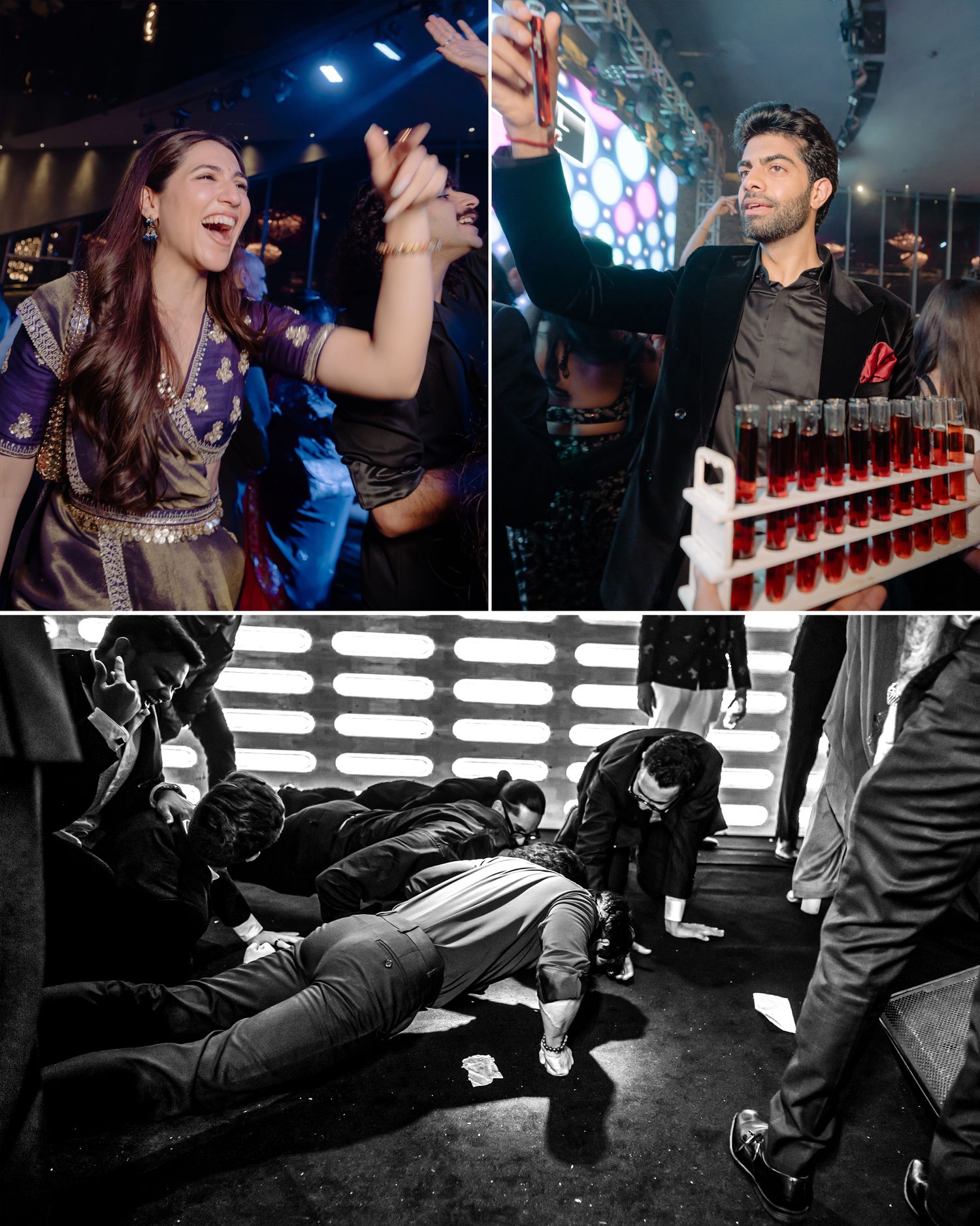 Collage of wedding party scenes: woman dancing, man serving drinks, and guests playing a floor game.