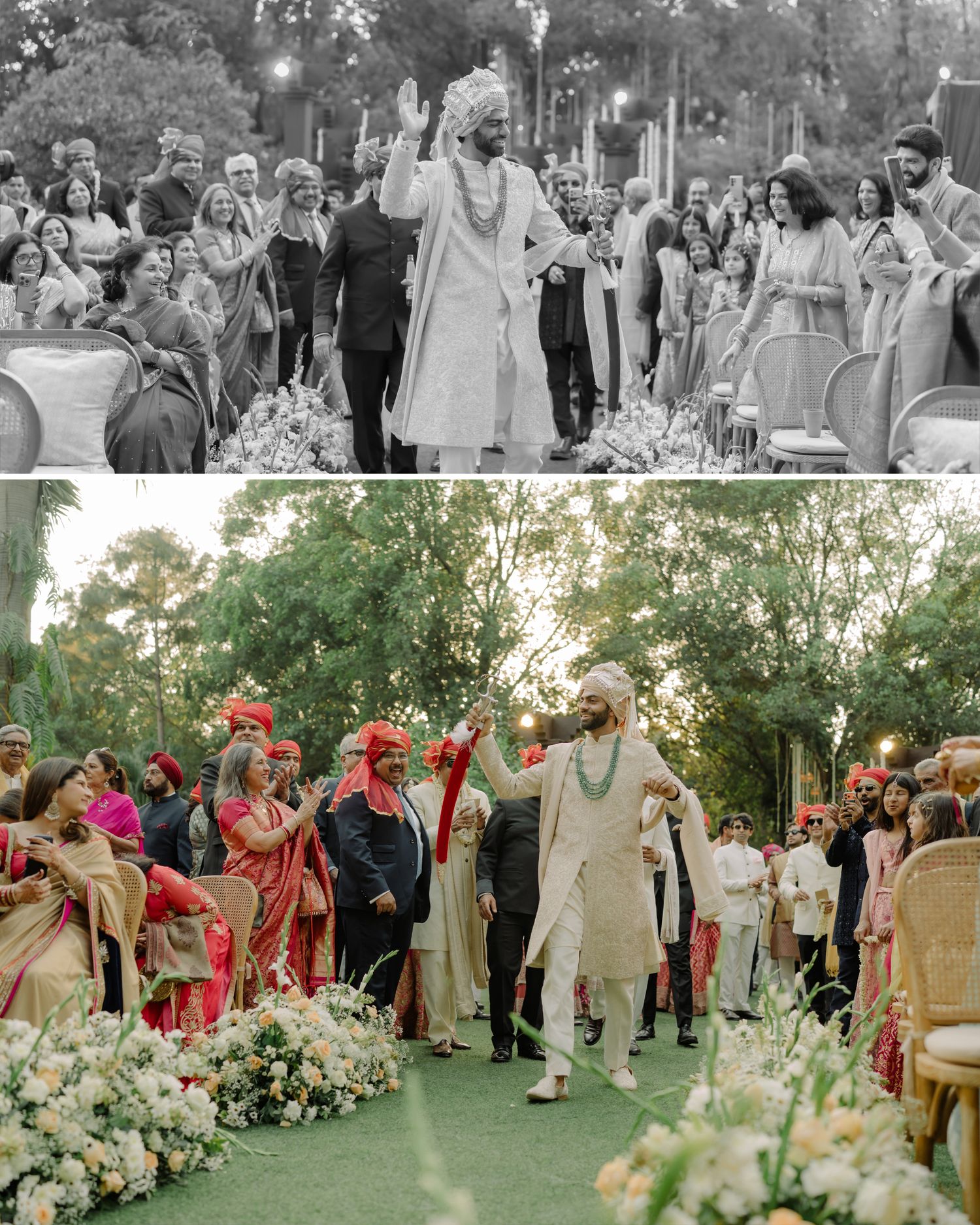 Two-panel collage of an Indian wedding ceremony, groom in traditional attire walking down the aisle with joyful guests.