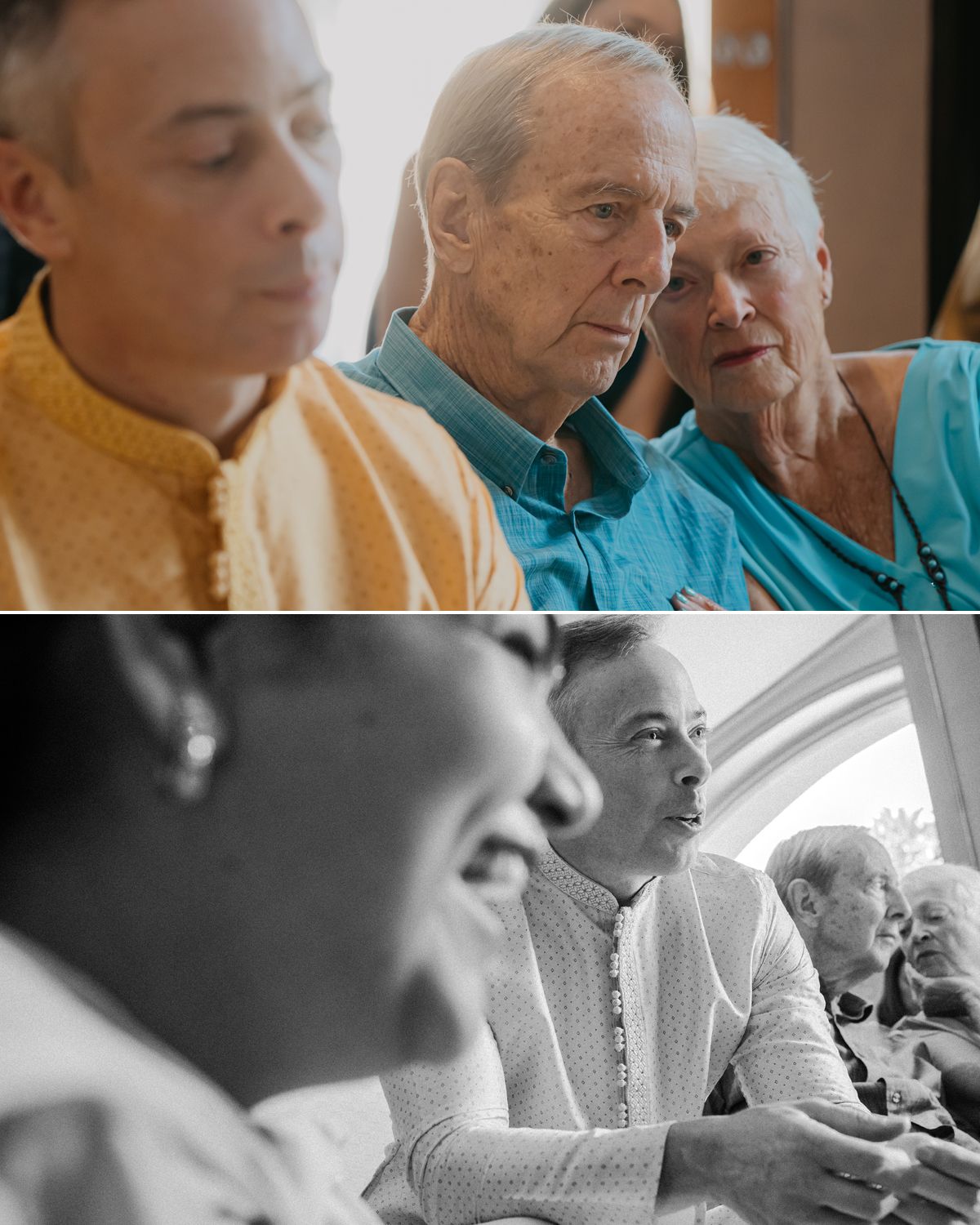 Multi-generational family gathering showing three people in casual and traditional attire.