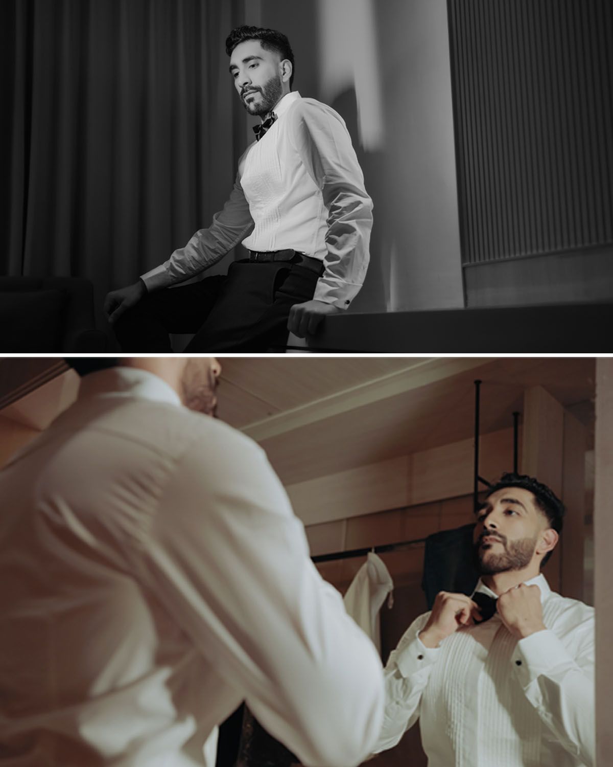 Fashion photo collage showing formal wear styling and mirror reflection.