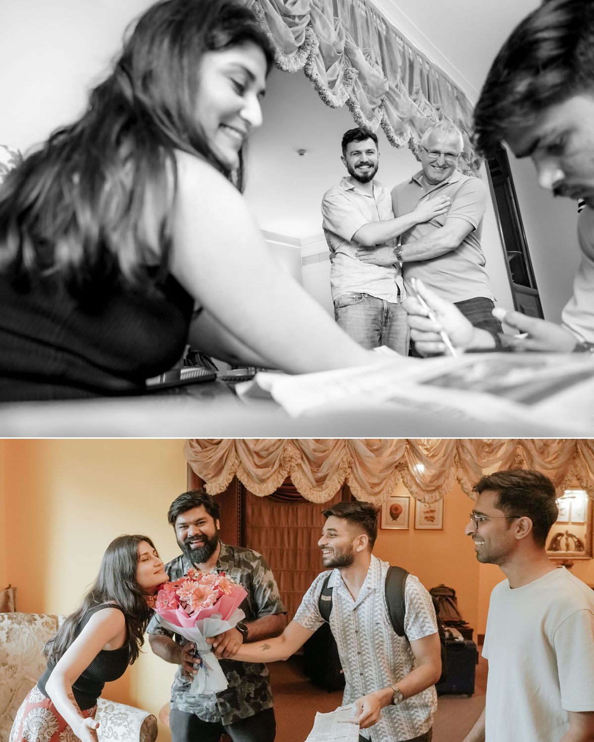 Black and white candid moments from pre-wedding celebrations showing natural interactions.