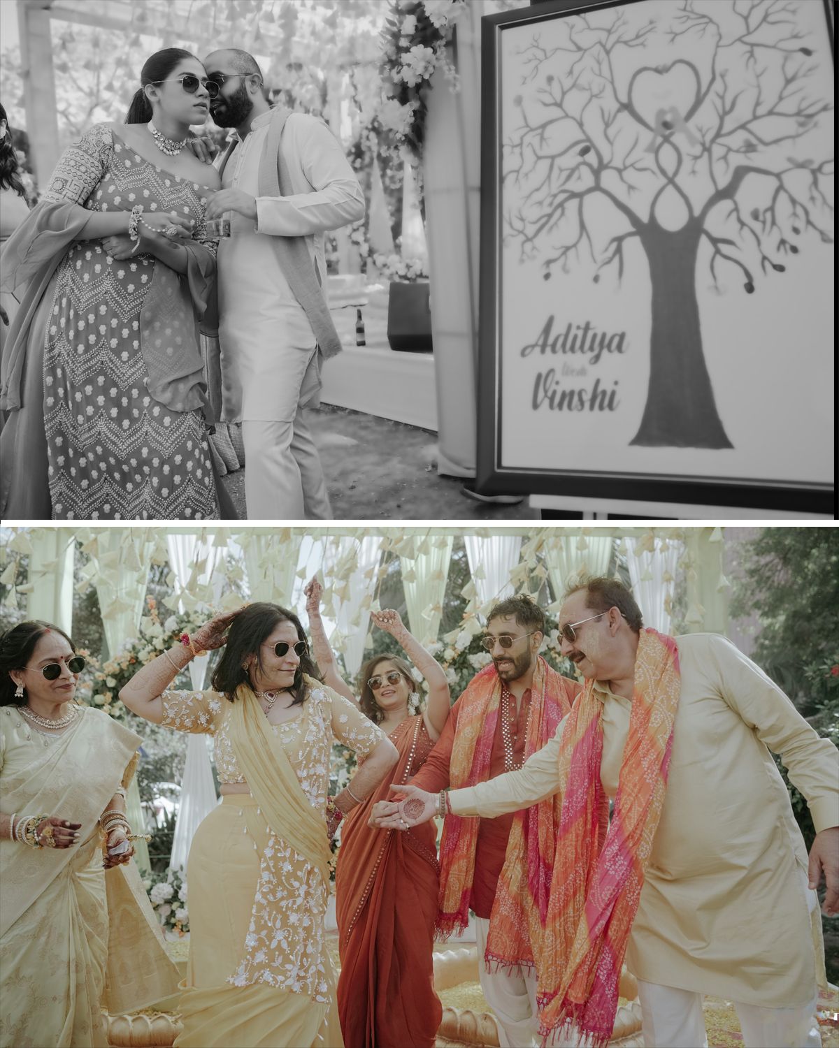 Wedding celebration with guests dancing and a decorative tree artwork display.
