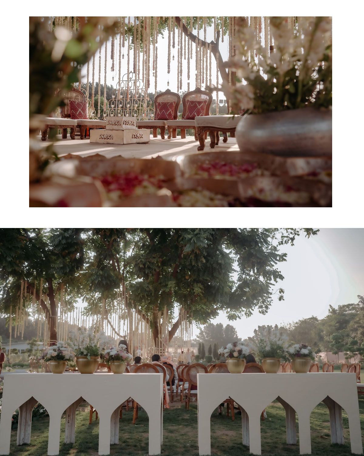 Elegant wedding reception setup with crystal chandeliers and white arched decorative railings in an outdoor garden venue.