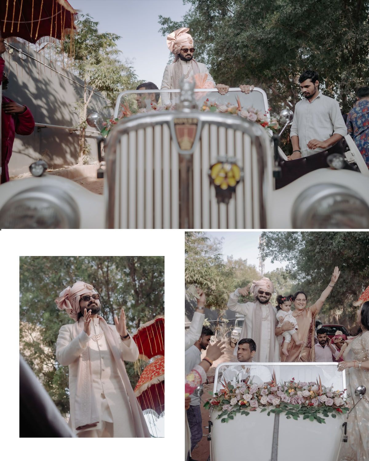 A vintage Rolls Royce car decorated for a festive Indian wedding celebration with guests celebrating in the background.