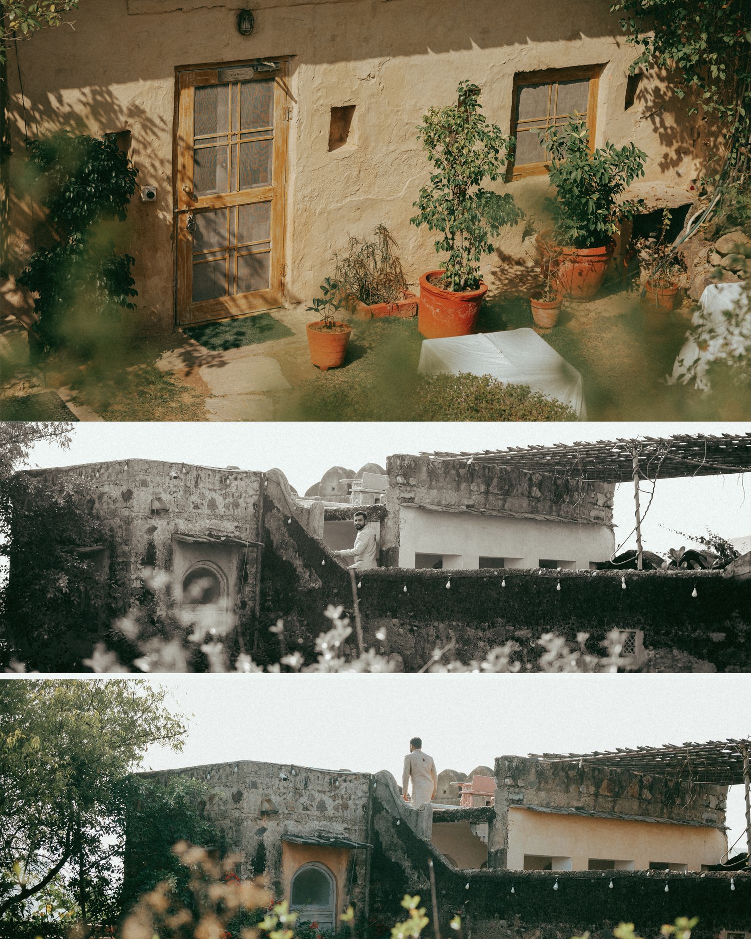 A rustic adobe building with terracotta potted plants, wooden windows, and weathered stone walls in a historic Mexican setting.