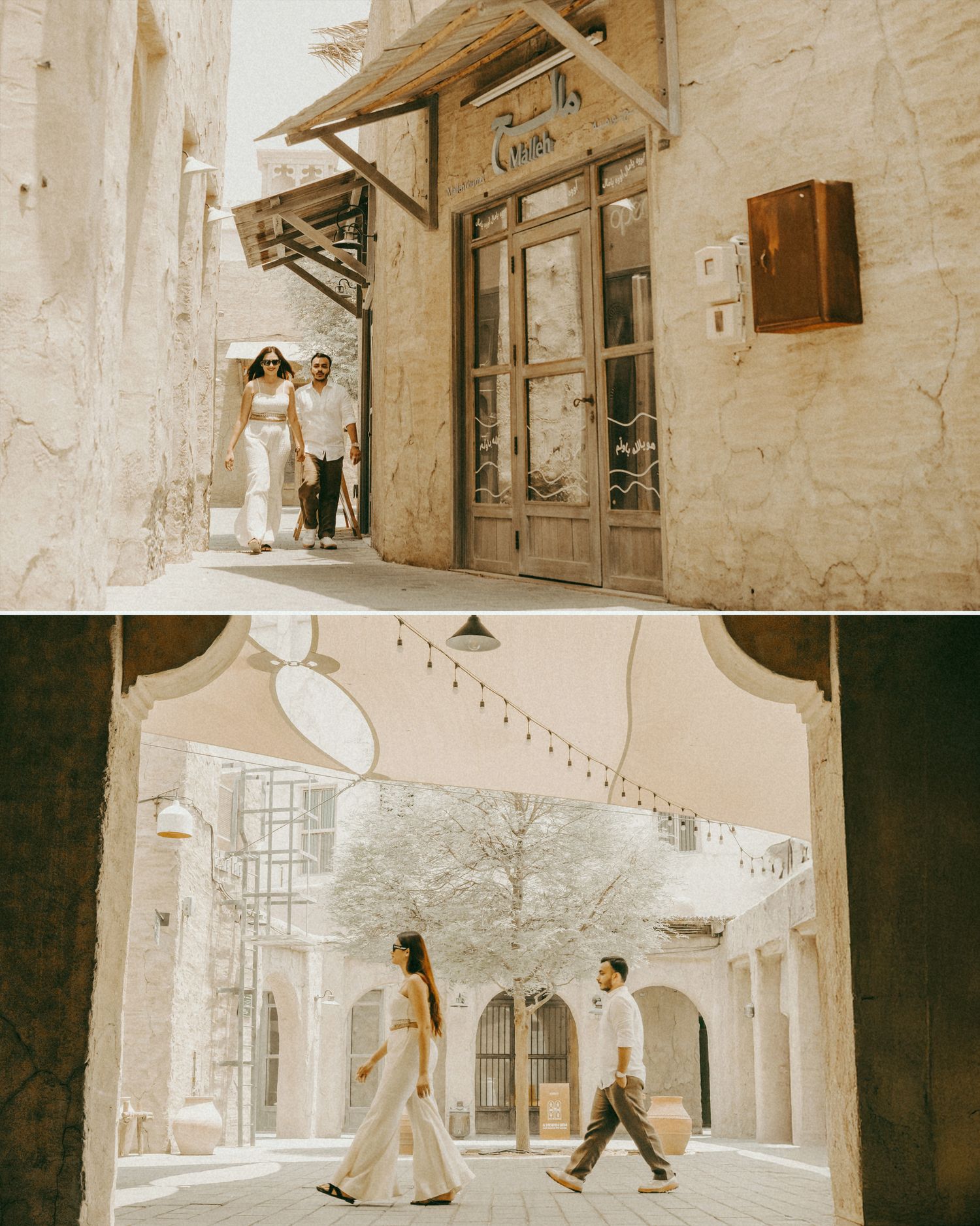 Couple walking through a historic Middle Eastern marketplace with warm stone architecture and rustic wooden storefronts.