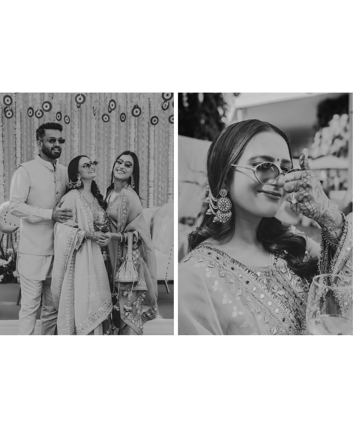 Black and white celebration photos showing festive moments and traditional attire.