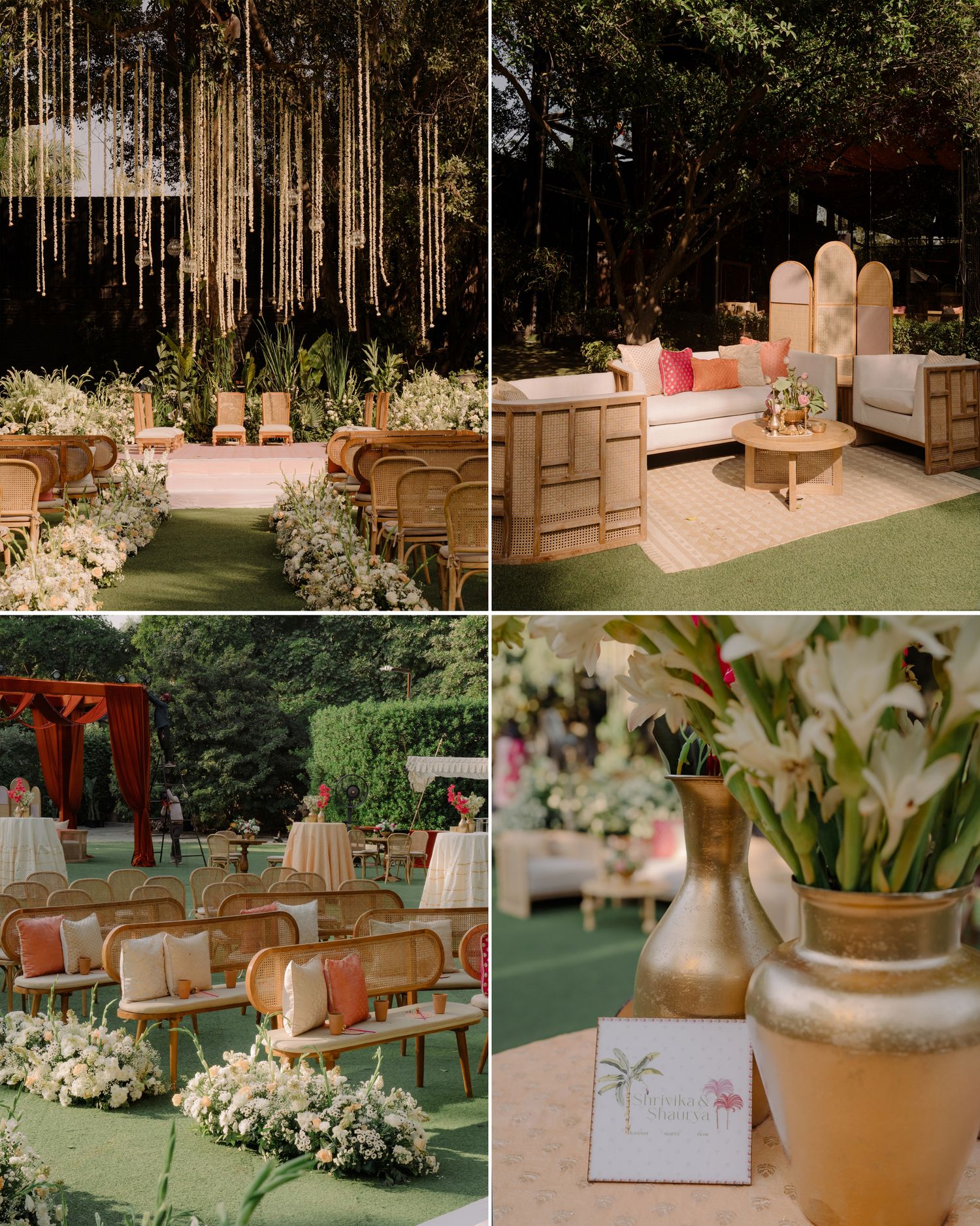 Elegant outdoor wedding venue with hanging floral installations, rattan chairs, lush greenery, and gold decorative vases.