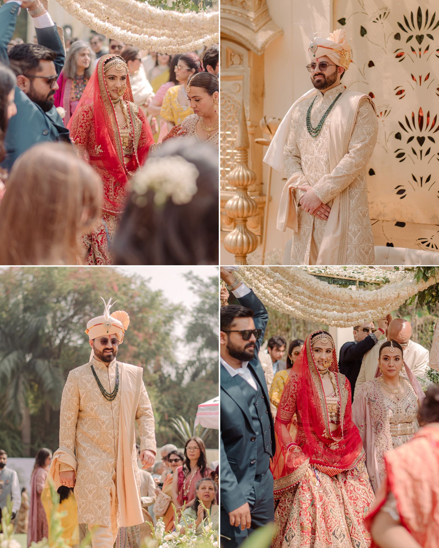 Indian couple in traditional wedding attire, bride in red lehenga and groom in cream sherwani, celebrating at outdoor ceremony.