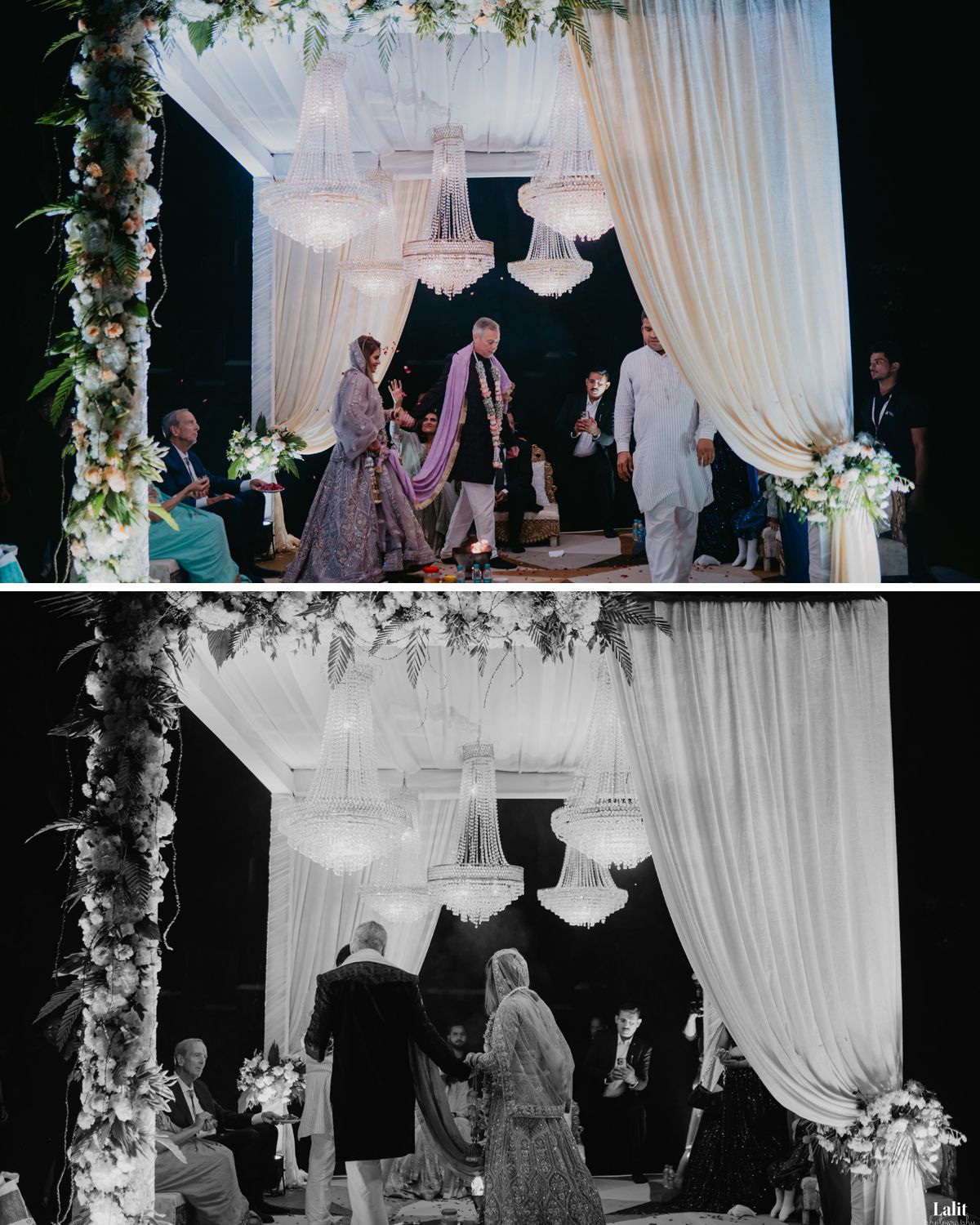 Black and white photos of wedding ceremony rituals under a decorated mandap with flowing drapes.