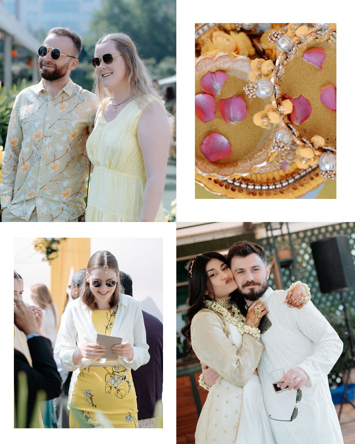 Compilation of festive celebration photos featuring guests in colorful attire and decorative details.