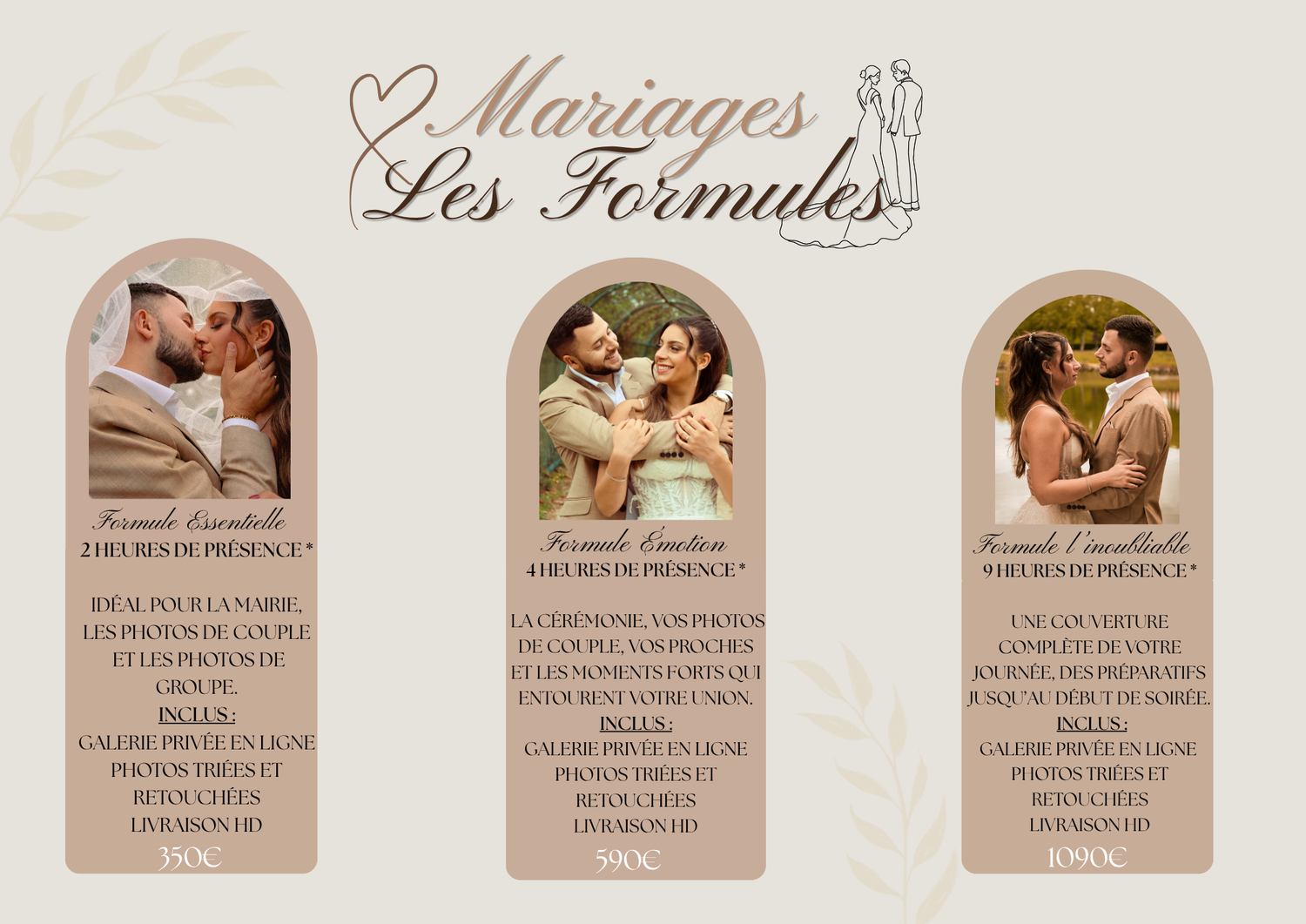 French wedding photography pricing brochure with arched photo frames and three package options.