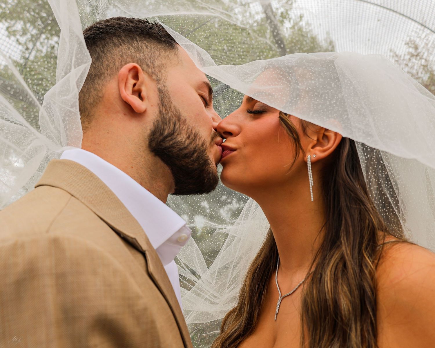 Bride and groom sharing a romantic kiss under a dotted wedding veil outdoors.