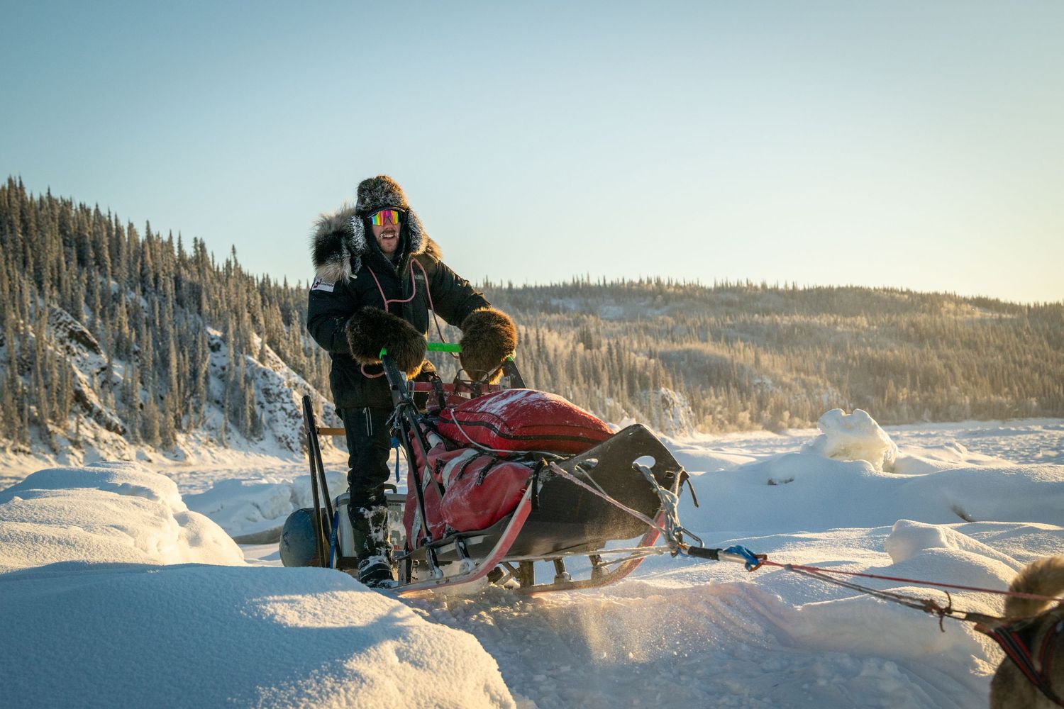 Dog sled team pulls musher across snowy wilderness during winter expedition. Mushingphotos.com Whitney McLaren Photography