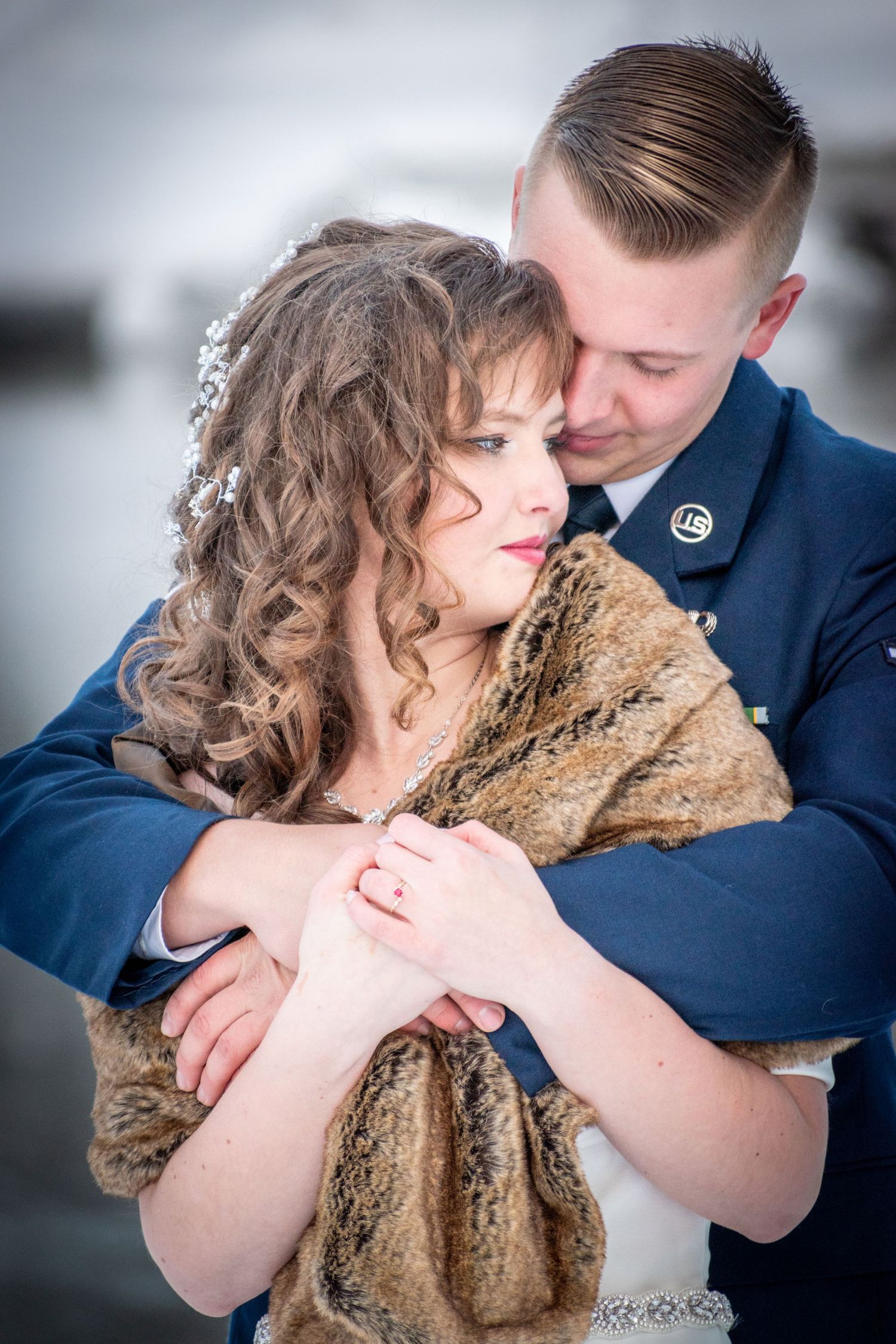 Romantic couple portraits with bride wearing elegant gold shawl. Whitney McLaren Photography