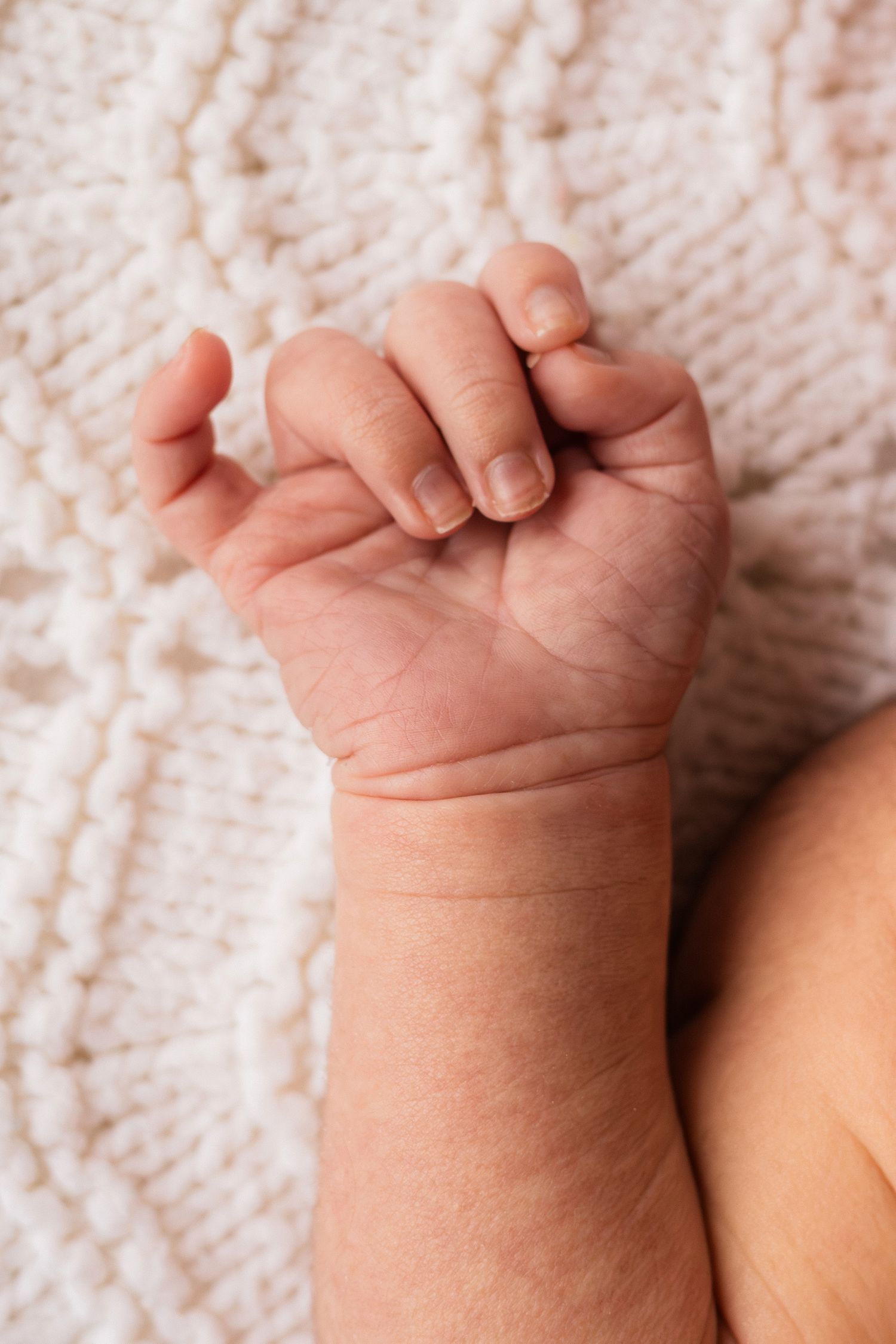 Close-up of a newborn baby hand resting on a white knit blanket.