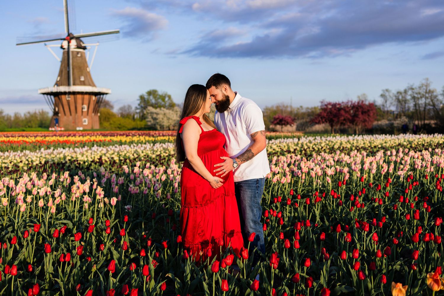 Pregnant couple sharing a tender moment in a colorful tulip field with a classic windmill behind them.