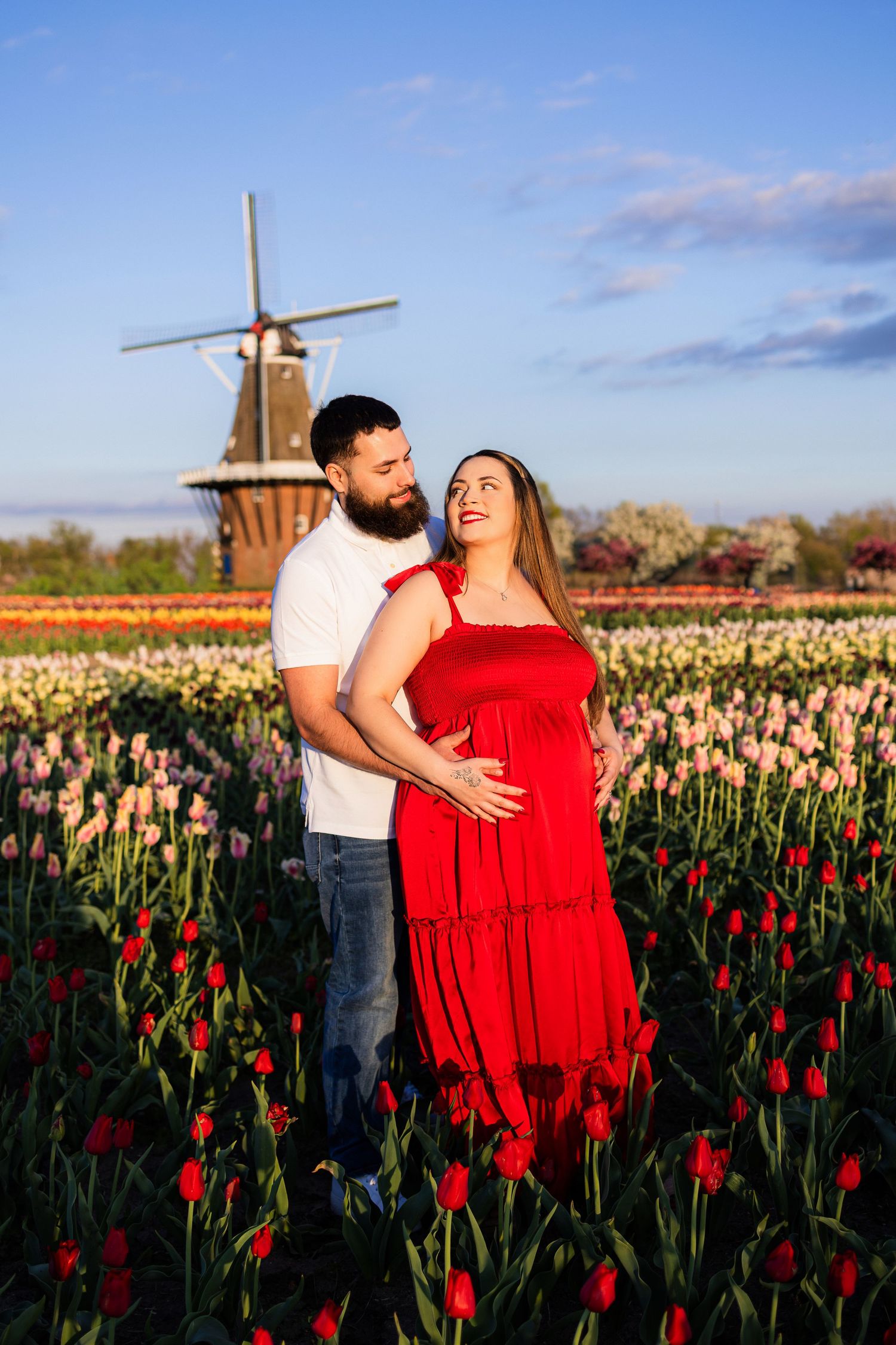Pregnant couple embracing in vibrant tulip field with windmill backdrop, woman in red dress, man in white shirt.