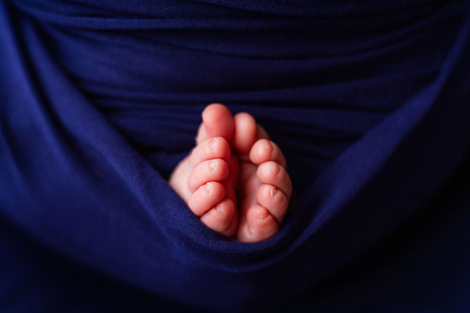 Close-up of tiny newborn baby feet peeking out from a soft dark blue swaddle wrap.