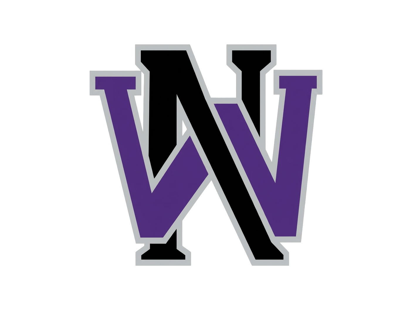 Purple and black WN monogram logo with silver outline on white background. Logo For NorthWood High School in Caddo Parish Louisiana