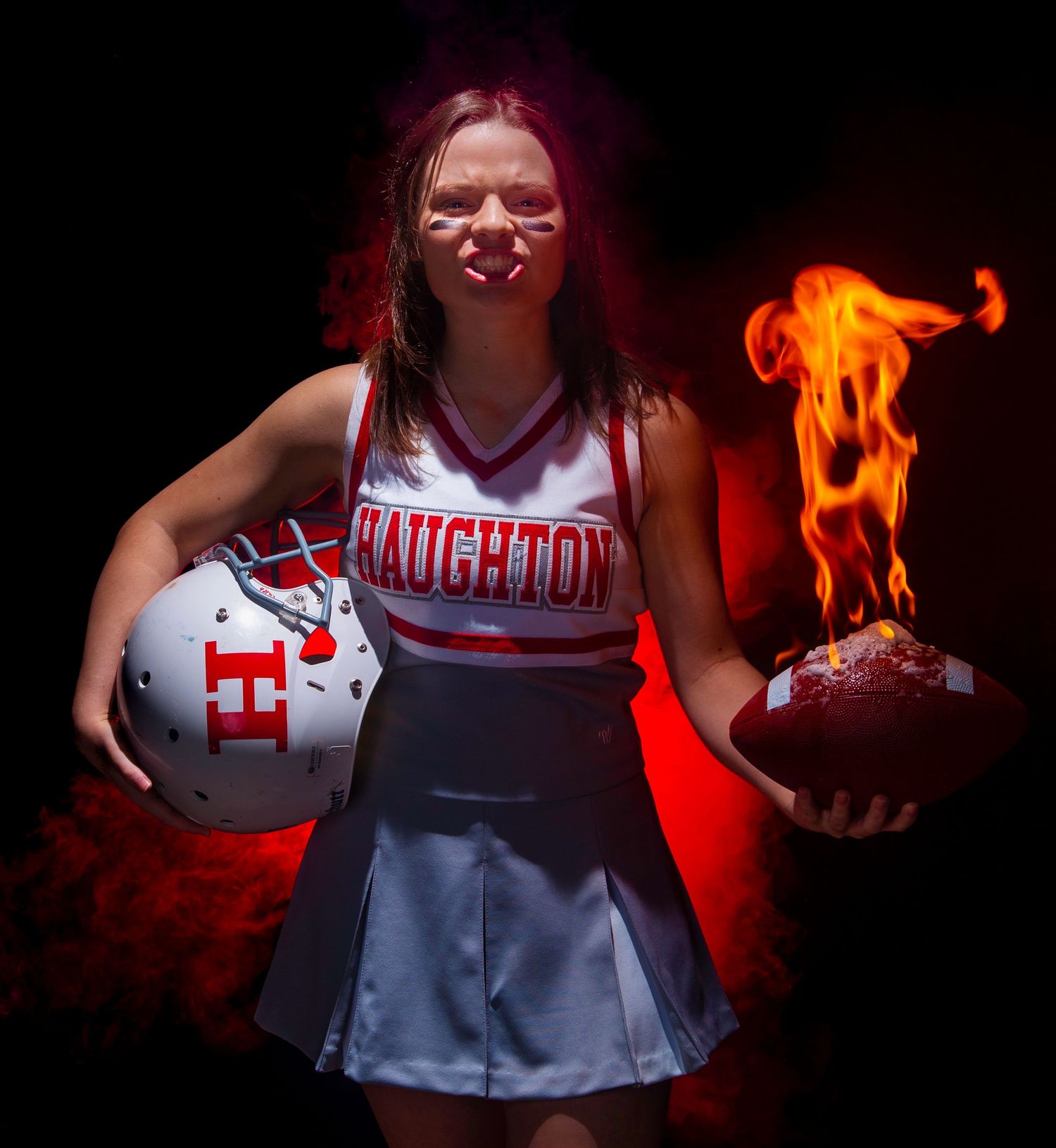 Dramatic sports photo series showing athlete in uniform holding basketball with fire effects against dark background.