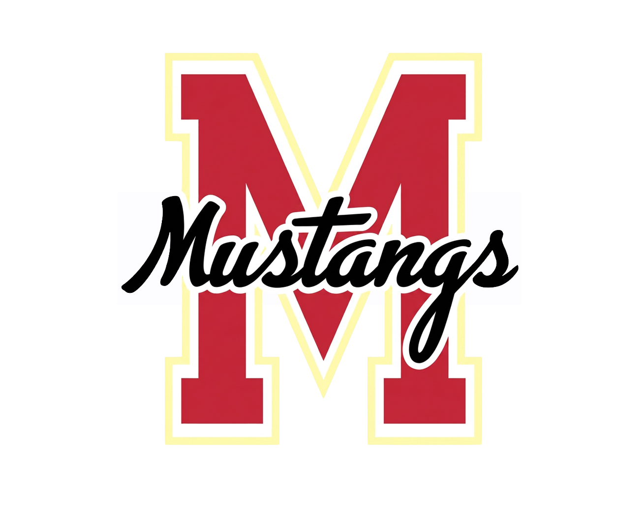 Red and yellow Mustangs logo featuring a bold letter M with cursive Mustangs text overlay on white background.