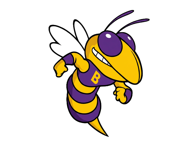 Cartoon yellow jacket mascot in purple and gold uniform with letter B, perfect for school sports teams. Byrd High School Sports team Logo