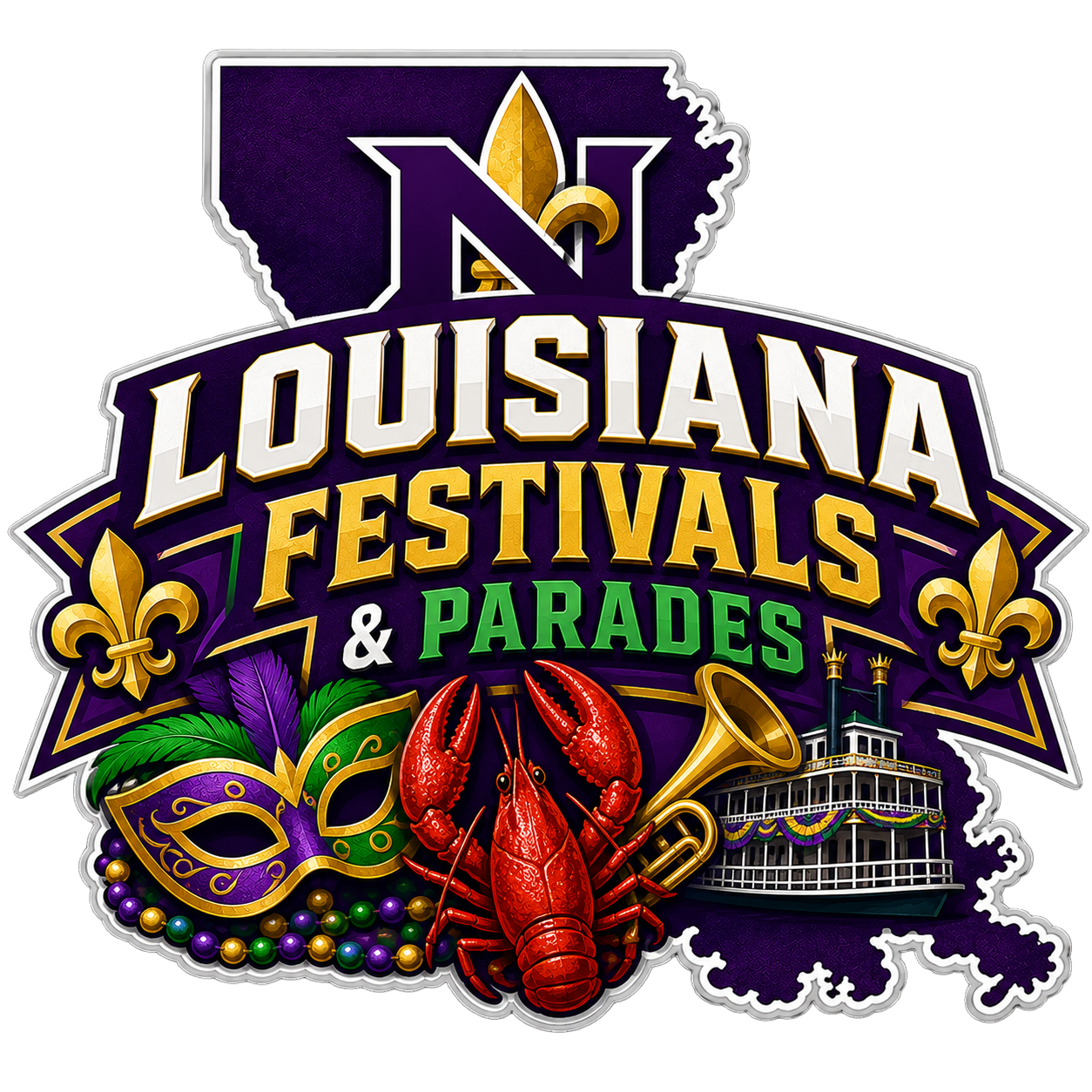 Colorful Louisiana Festivals and Parades logo featuring Mardi Gras mask, crawfish, trumpet, and steamboat with fleur-de-lis accents.