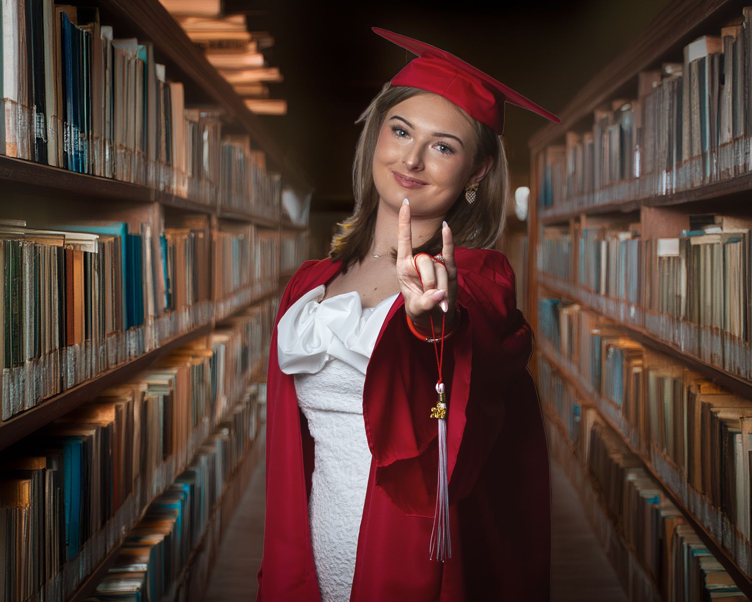 A figure in a red graduation gown poses thoughtfully in a library aisle surrounded by bookshelves.
