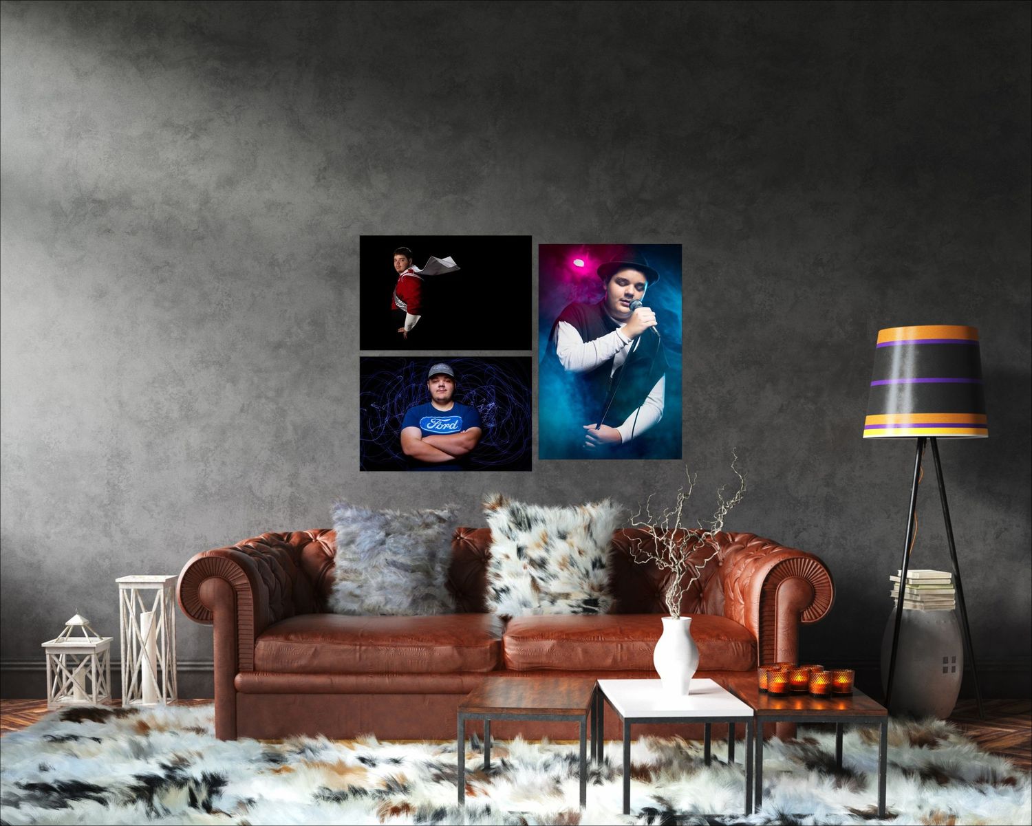Modern living room interior with brown leather sofa, decorative pillows, and contemporary wall art against dark walls.