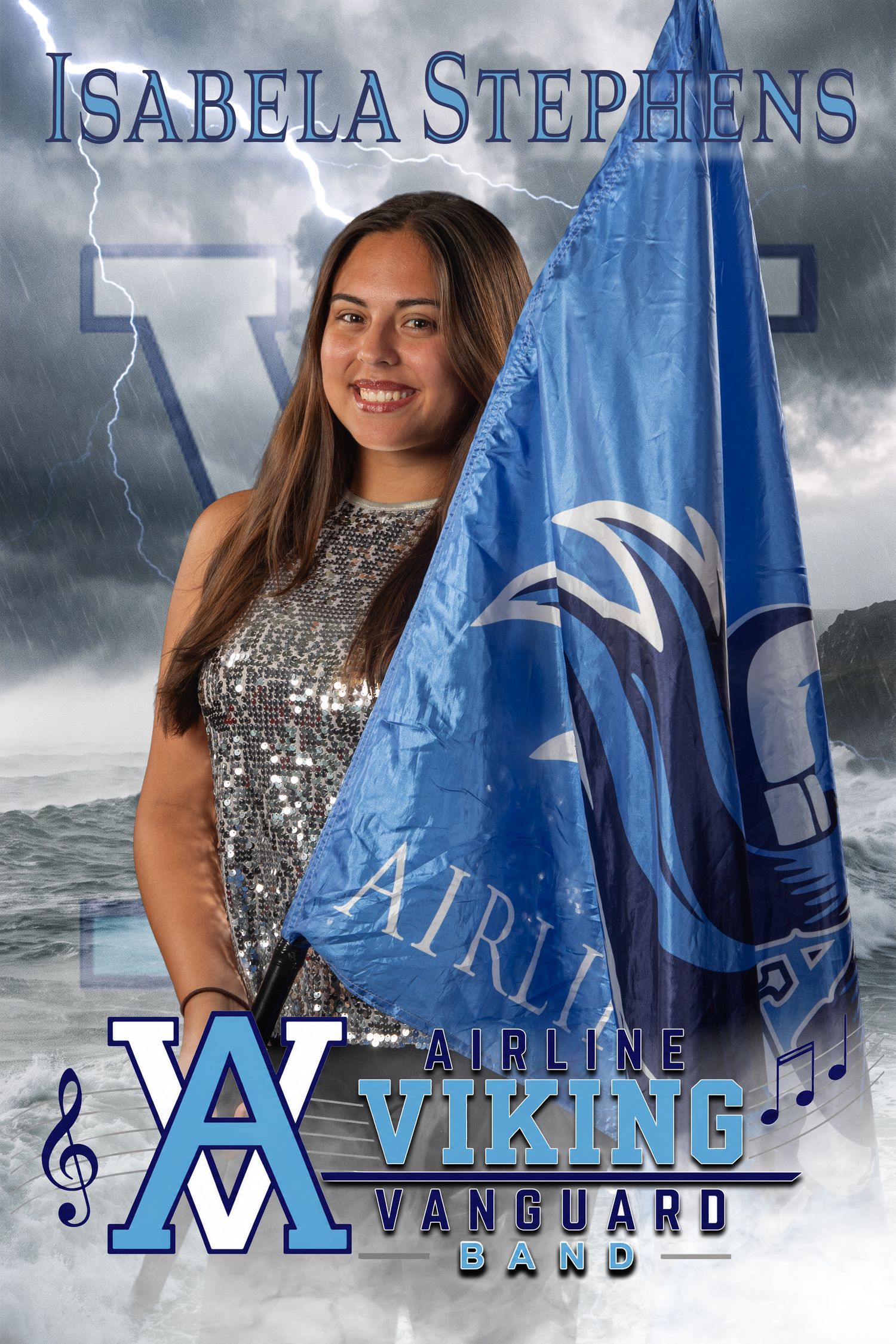 Isabela Stephens poses with a blue flag for Airline Viking Vanguard Band portrait.
