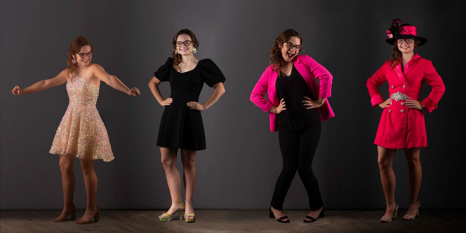 Dancers in colorful costumes perform dynamic poses against a dark studio background.