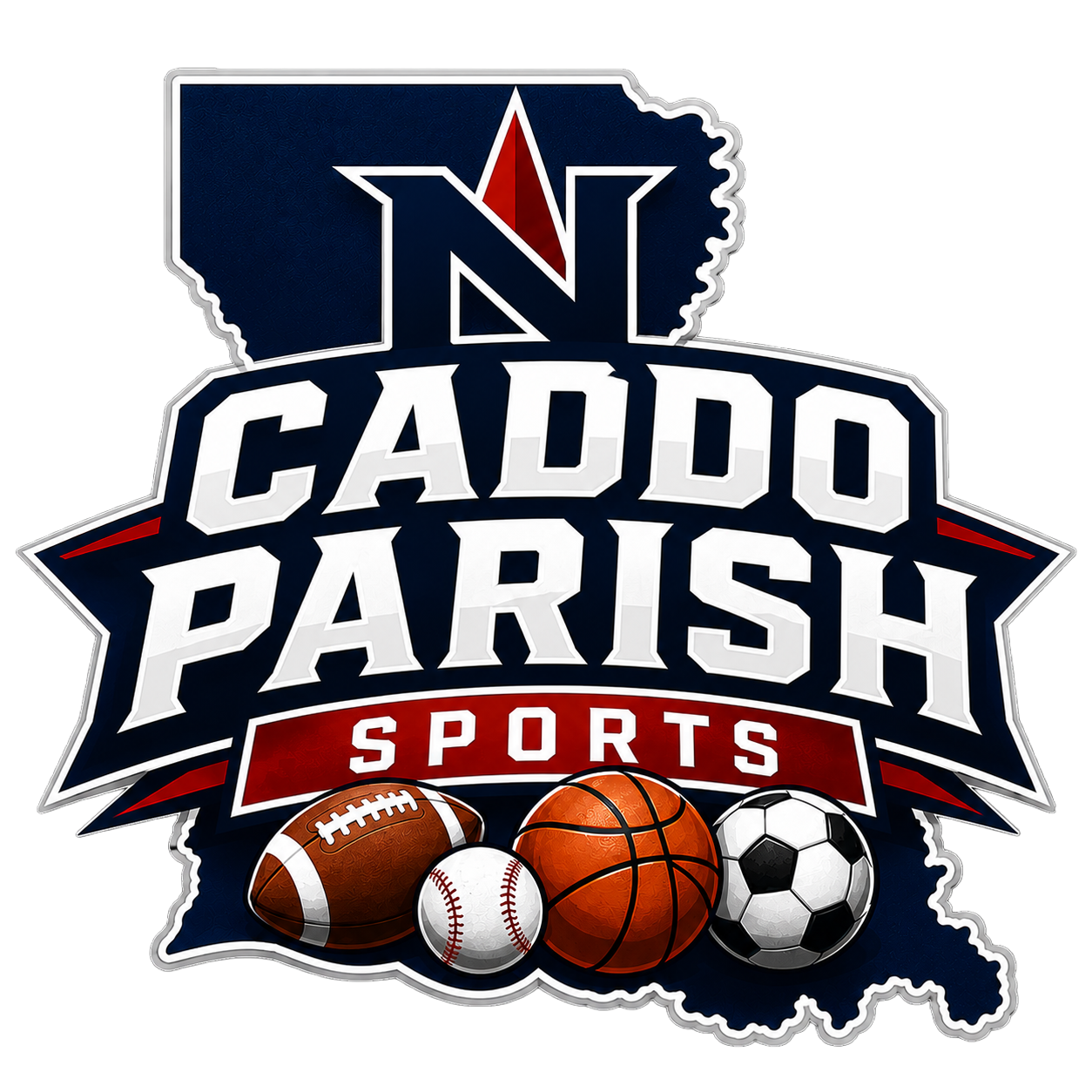 Caddo Parish Sports logo featuring a Louisiana state outline with football, baseball, basketball, and soccer ball icons.