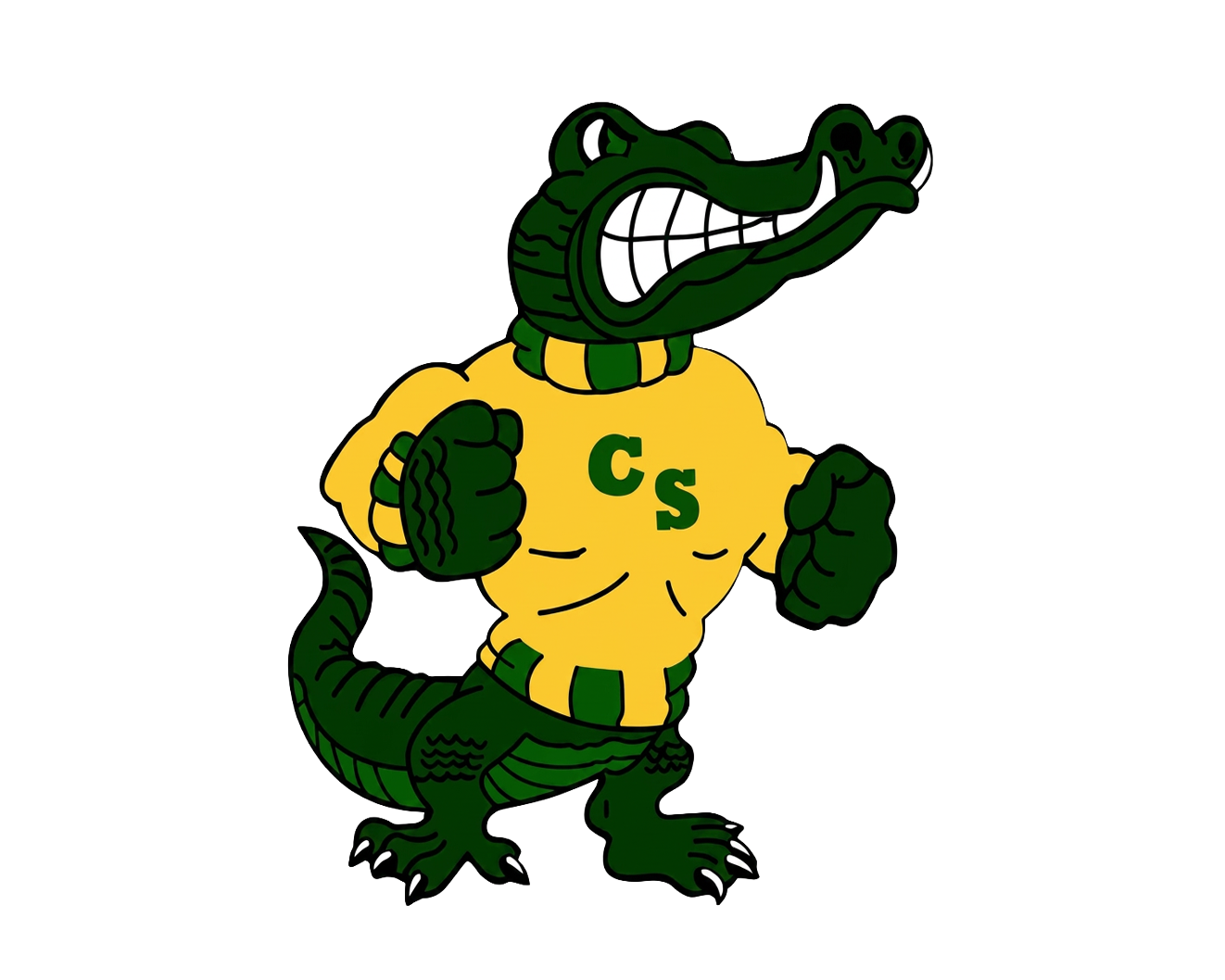 Green and yellow cartoon alligator mascot wearing a CS letterman sweater, standing in a fighting stance.  Captin Shreve High School in Caddo